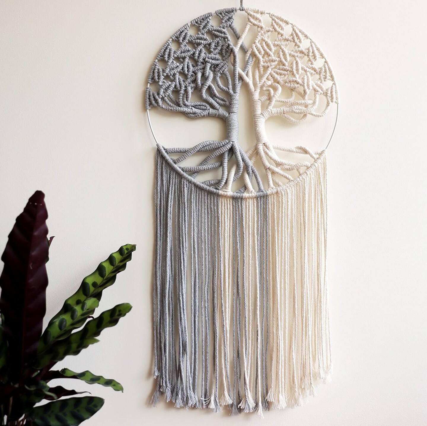 Tree of Life Macrame Wall Hanging,Chic Handmade Woven Boho Home D&#xE9;cor,Eclectic Wall Decor for Bedroom Nursery Apartment Dorm Decoration,Gift for Teen Girl Mom(13&#x22; W X 31.5&#x22; L) (Grey&#x26;White)