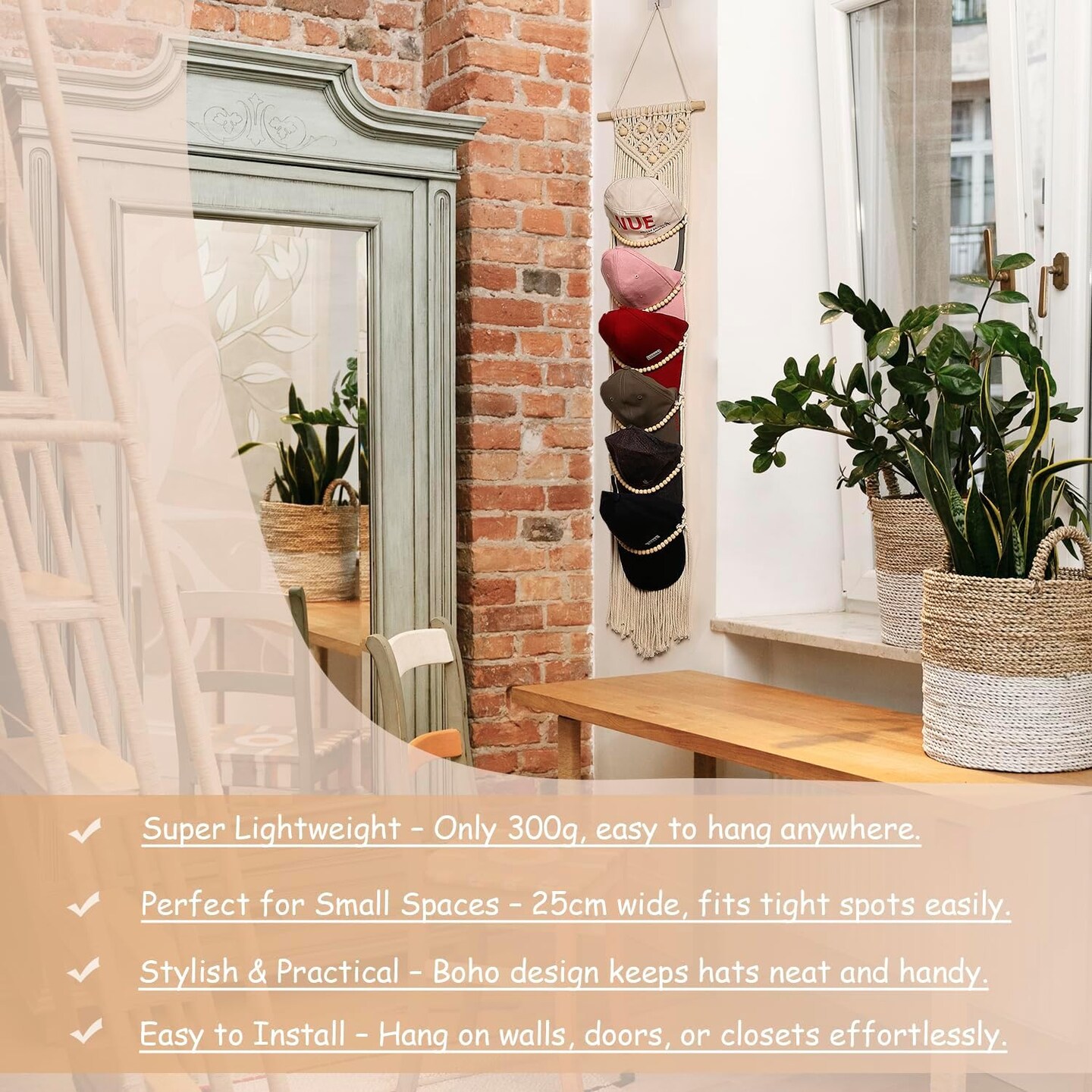 Boho Macrame Wall Hat Hanger – 1-Pack Baseball Cap Holder, Over-the-Door & Wall-Mounted Rack for Display and Storage