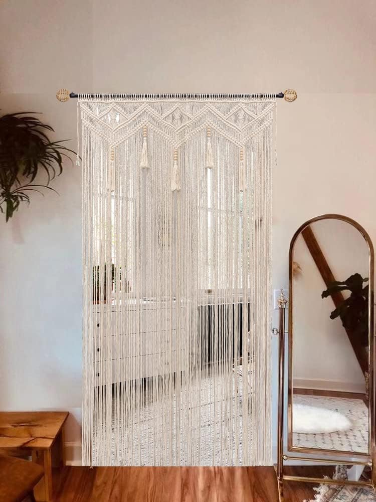 Boho Macrame Curtains Large Beaded Wall Hanging Panel for Bedroom, Living Room, Doorway, Closet, or Wedding Backdrop, Handmade Bohemian Decor, 52"W x 72"L