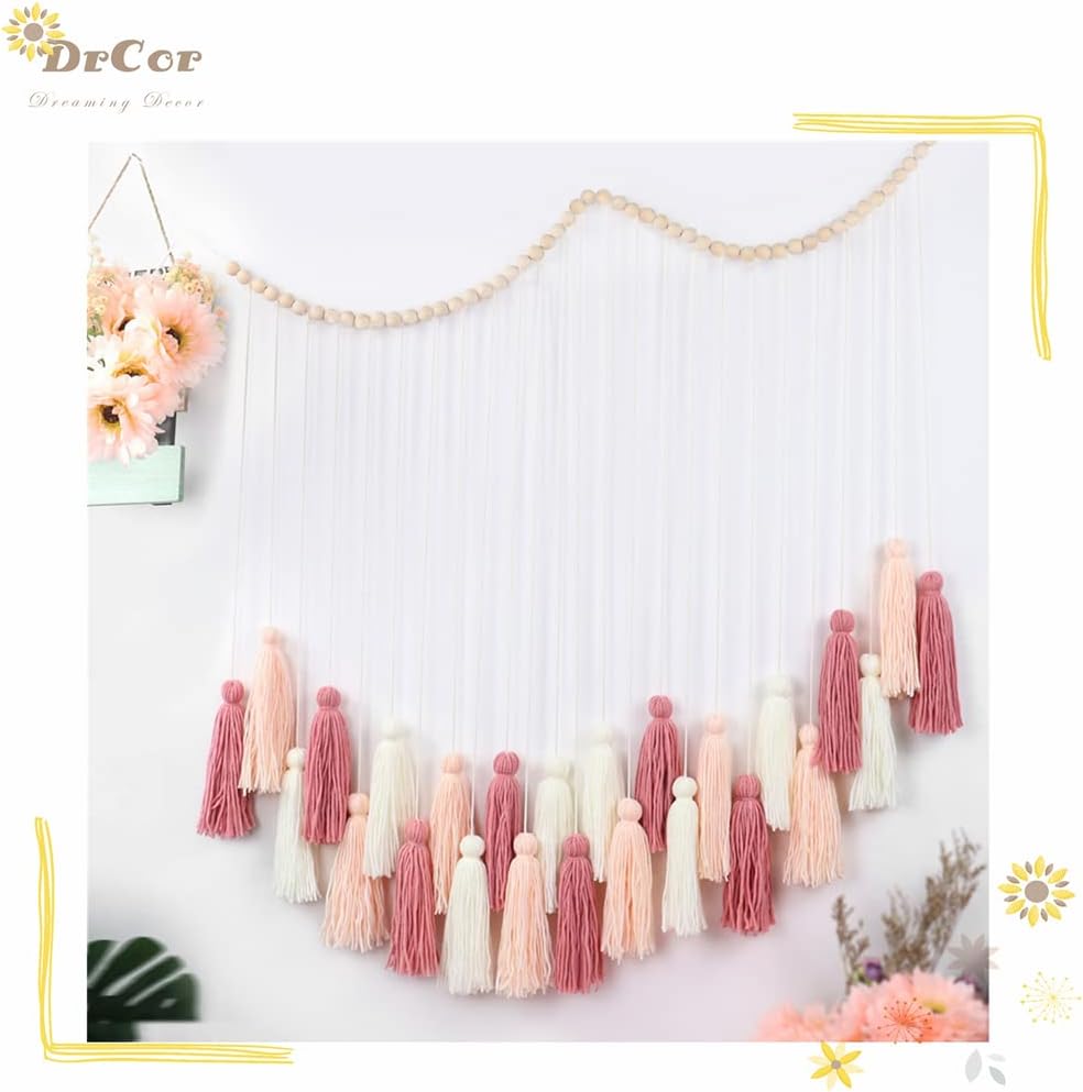 Blush Pink Boho Macramé Wall Hanging – Cozy Fall Décor with Rose Gold Tassels for Nursery, Dorm, Baby Shower, Wedding, or Thanksgiving Display