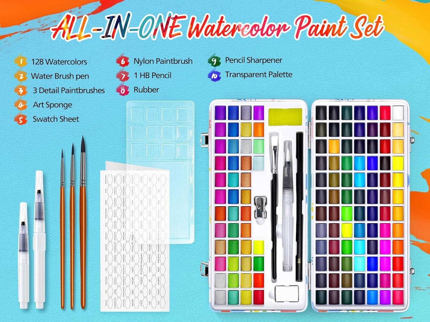 128 Colors Washable Watercolor Paint Set with 4 Brushes, Portable Travel Water Color Kit with Carrying Case, Palette and Accessories, Non-Toxic Art Supplies Gift for Artists Adult Teen Kids Girls Boys