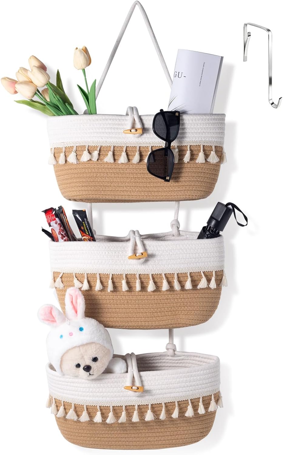 Over-the-Door Macrame Basket – 3-Tier Cotton Rope Wall Hanging Organizer, 14.5"x7", Decorative Storage for Closet, Living Room, or Bedroom