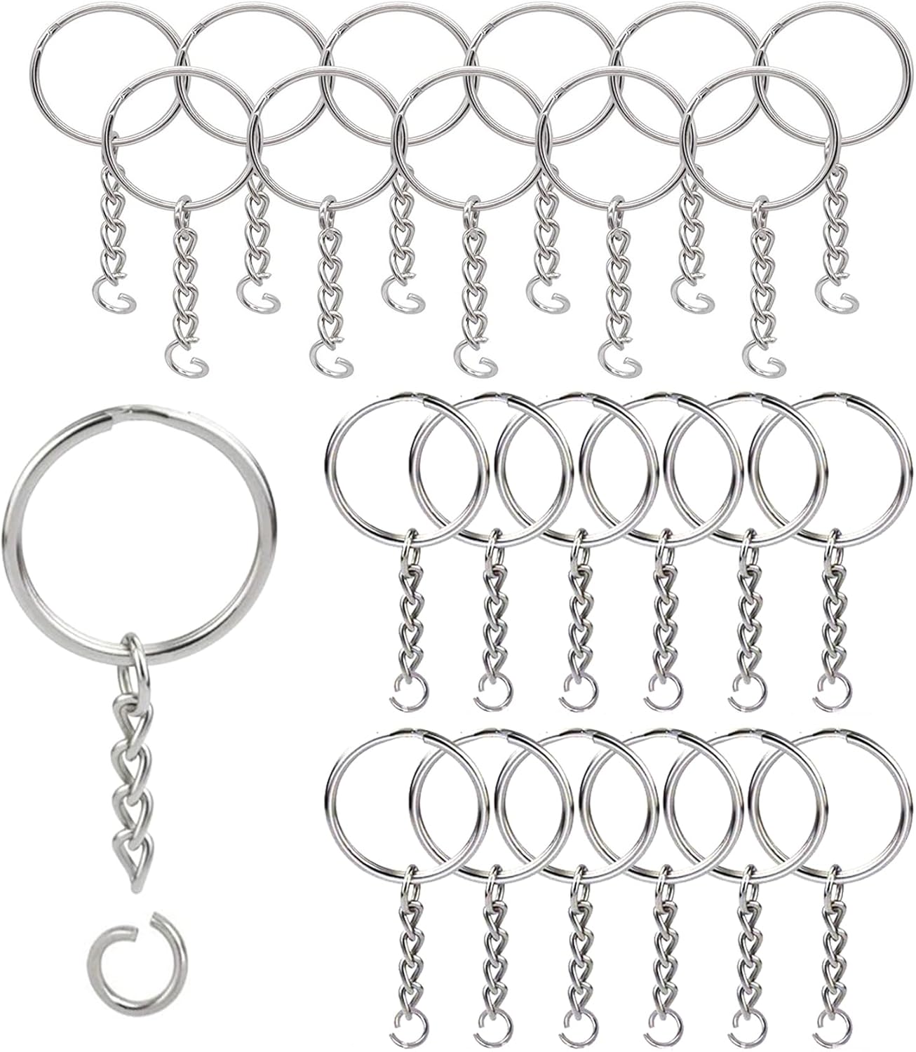 50Sets 1 inch Keychain Rings Silver Split Round Key Ring with Chain and Open Jump Rings for DIY Keychain Making Crafts