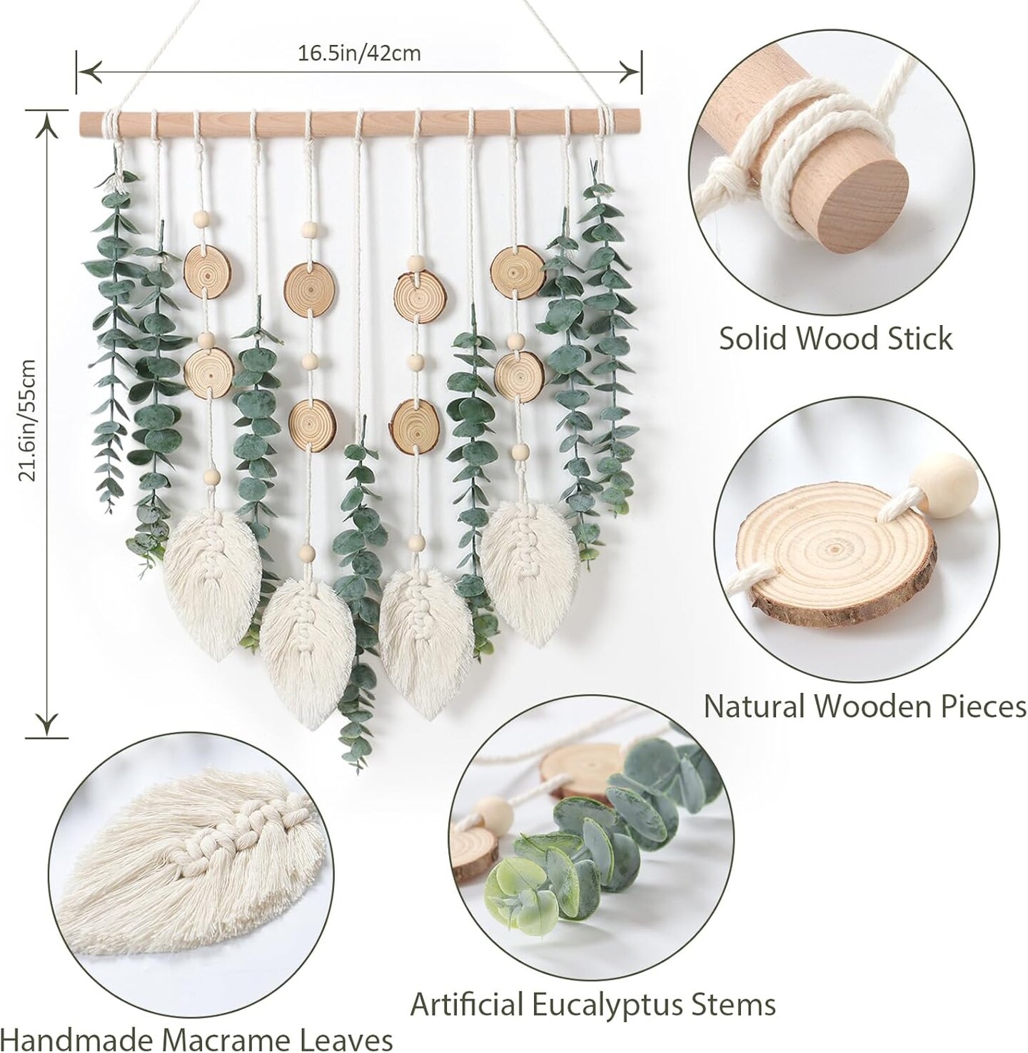 Artificial Eucalyptus Wall Hanging Faux Greenery Decor with Fake Eucalyptus Stems Plants Wooden Stick Macrame Leaves Boho Chic Bohemian Home Wall Art for Nursery Living Room Bedroom Bathroom