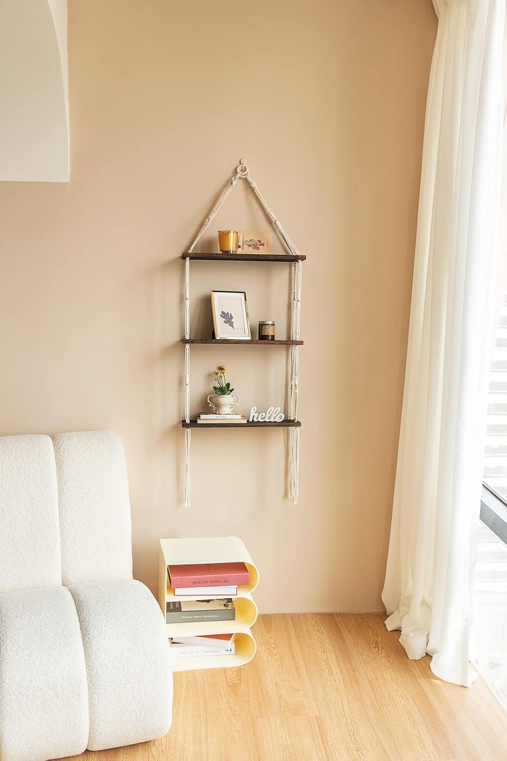 Macrame Wall Hanging Shelf 3 Tier Wood Floating Shelves with Cute Woven Rope Boho Room Decor Display Photos Plant Hanging Storage Shelves for Bathroom