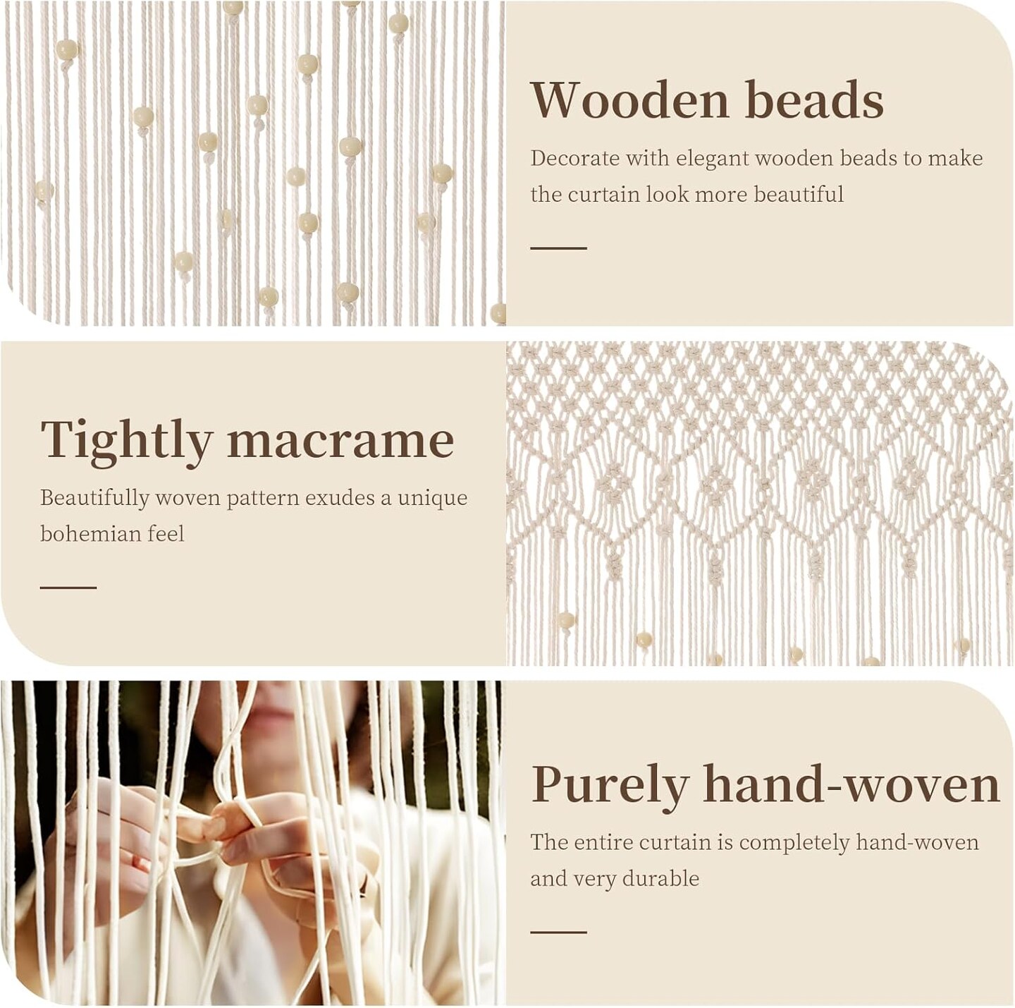 Boho Macrame Beaded Curtain Handmade Door Closet Curtain with Wooden Beads for Window Doorway Open Closet Bedroom Living Room Privacy Decor, 79&#x22; L x 36&#x22; W, White