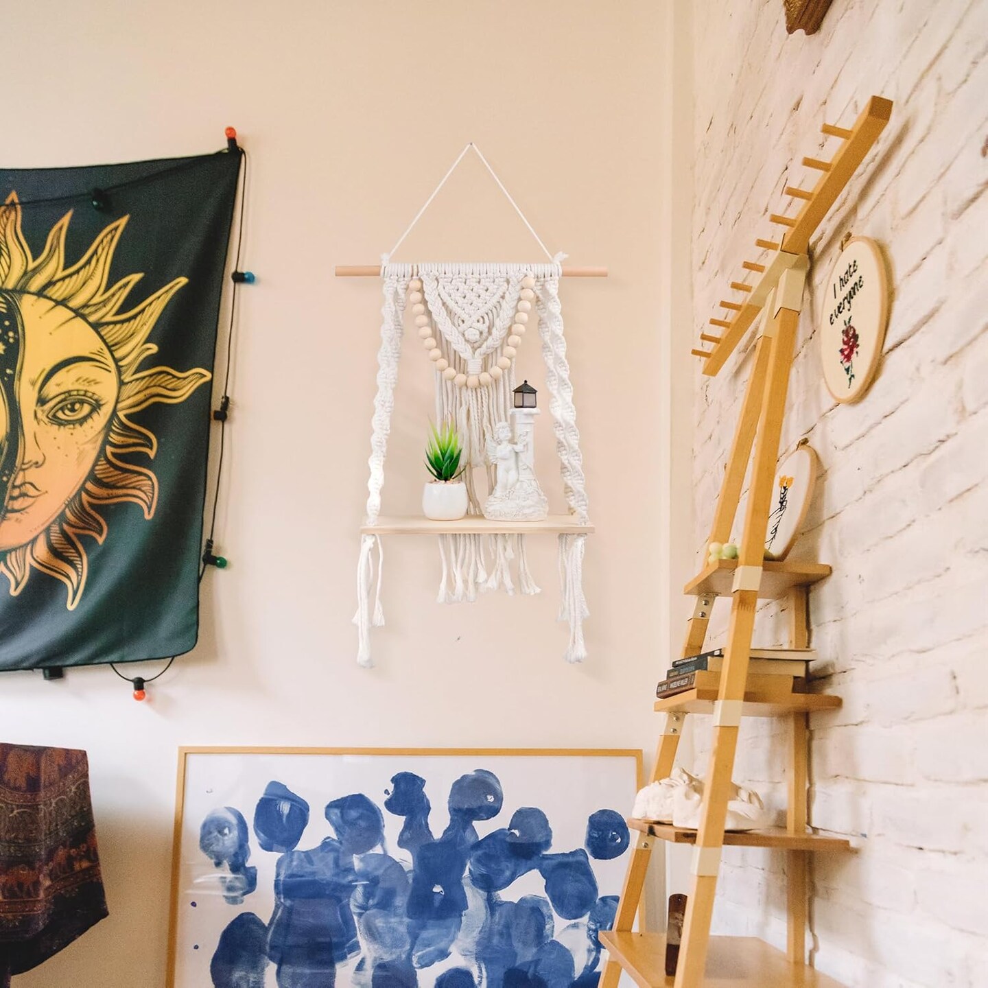 Handmade Macrame Wall Hanging Shelf – Boho Woven Floating Shelf for Plants, Storage, and Decor, Ideal for Bathroom, Bedroom, or Nursery