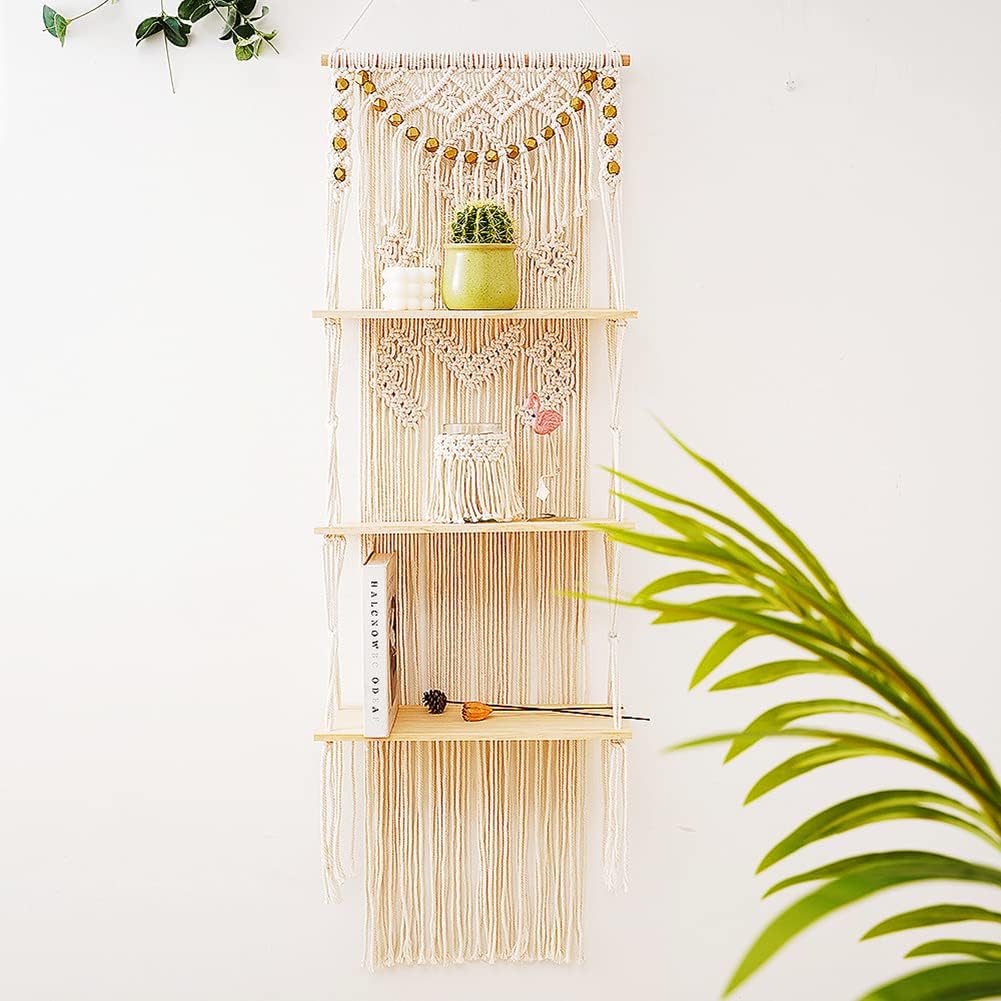 Macrame Wall Hanging Shelf with Enhanced Solid Wood Shelves and Handmade Macrame to Organize Plants and Decor &#x2014; 3 Tier Macrame Shelf Wall Hanging Bohemian Decorative Shelves for Kitchen,Home Storage