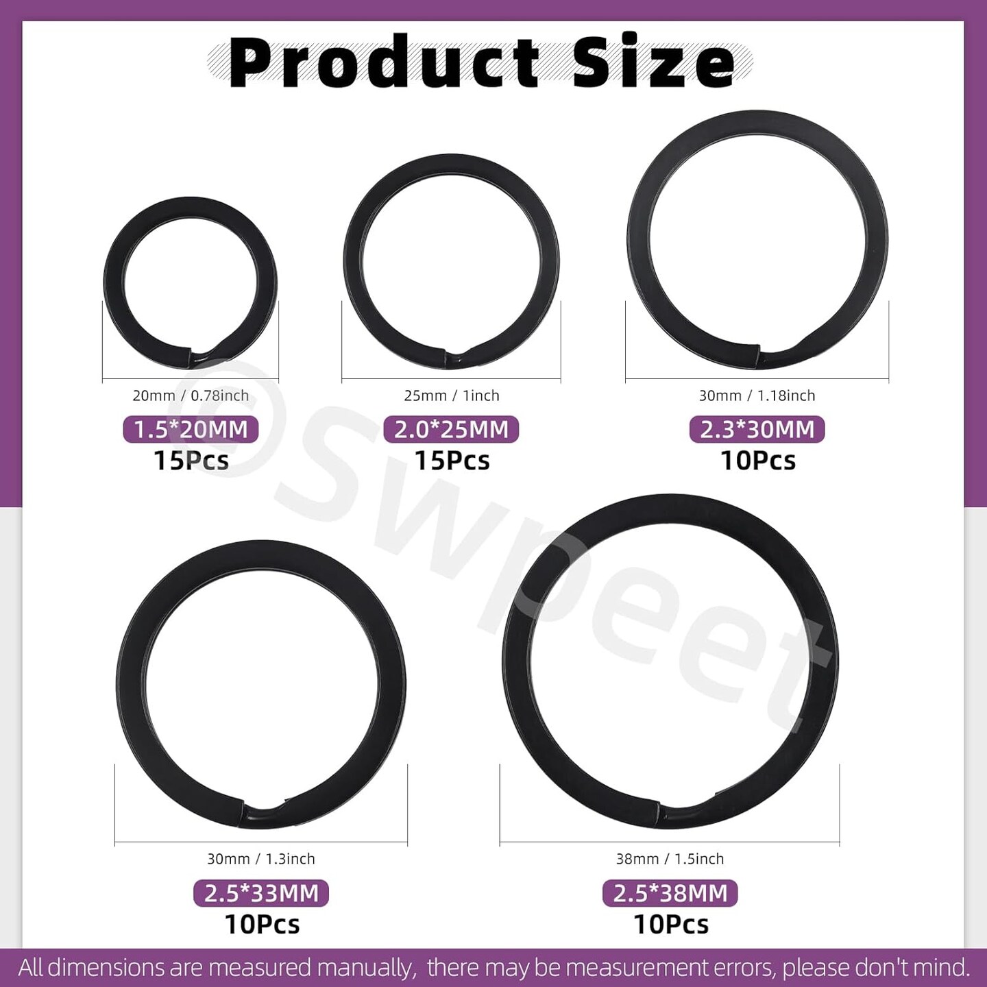 60-Piece Black Assorted Metal Keychain Rings – Multi-Purpose Split Keyrings (20mm, 25mm, 30mm, 35mm, 38mm) for Home, Car Keys, Pendants, and Attachments