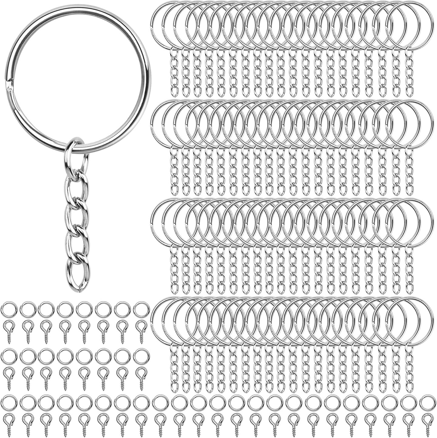 600-Piece Keychain Ring Set – Includes 25 mm rings, keychain chains with jump rings, and 200 screw eye pins, perfect for resin crafts.