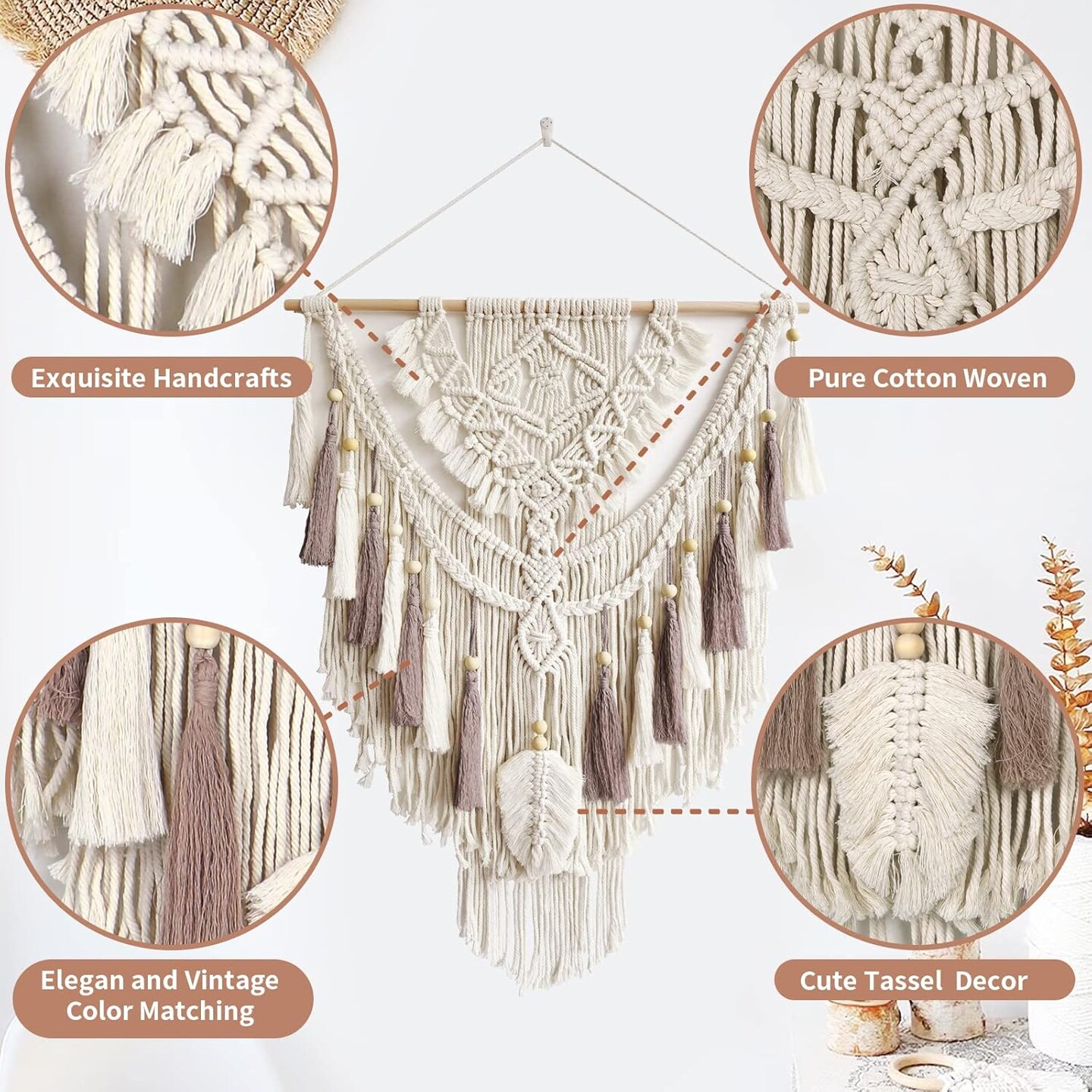 Macrame Wall Hanging, Woven Tapestry Beige & Dusty Rose Handmade Craft Macrame Wall Decor, Gallery & Nursery, Size 37.4” Lx27.5” W