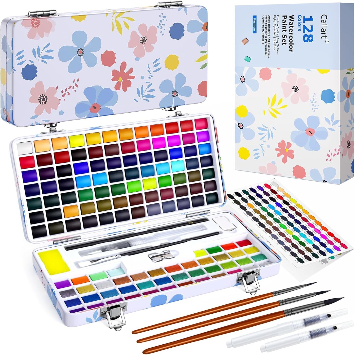 128 Colors Washable Watercolor Paint Set with 4 Brushes, Portable Travel Water Color Kit with Carrying Case, Palette and Accessories, Non-Toxic Art Supplies Gift for Artists Adult Teen Kids Girls Boys