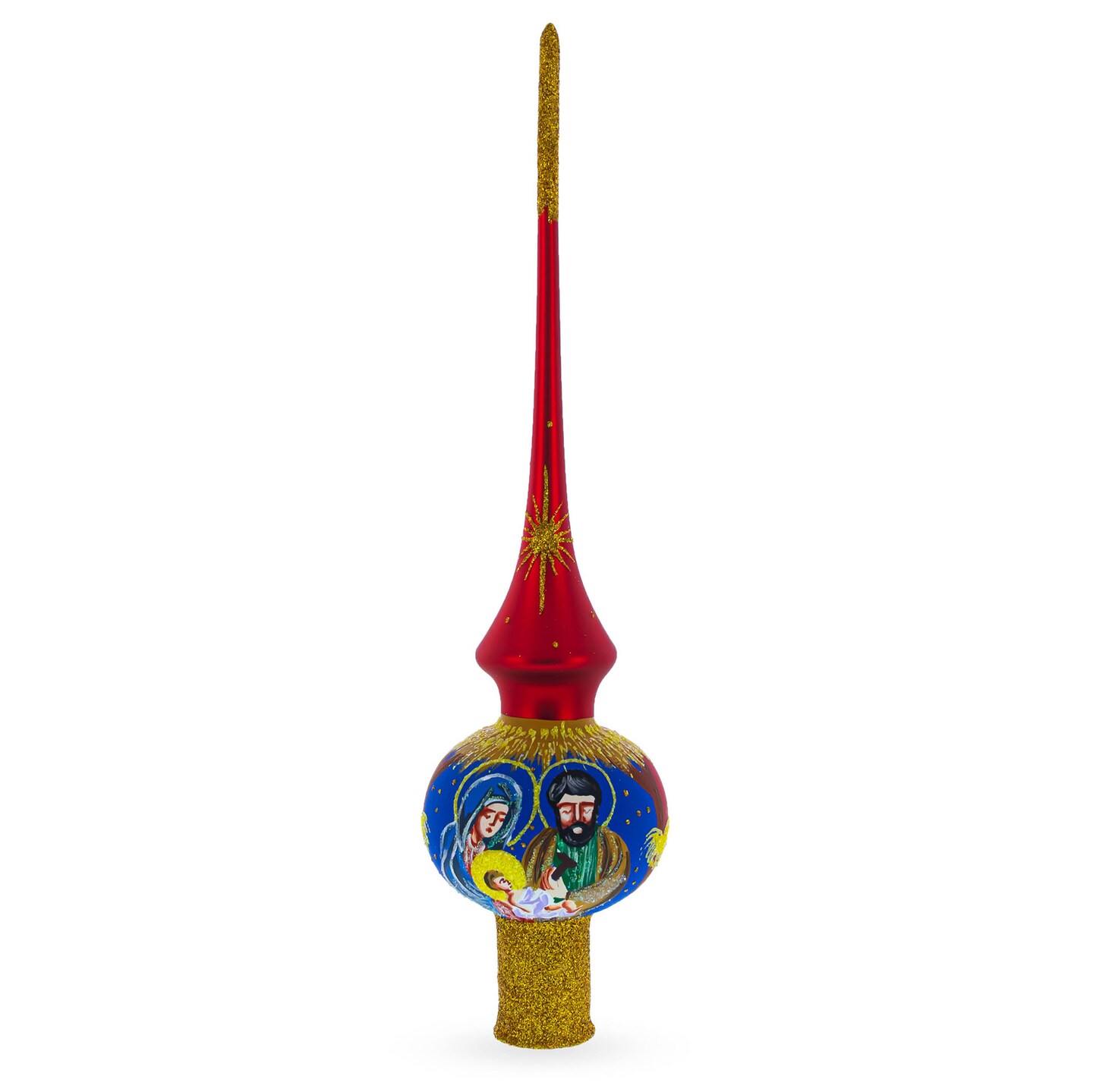 Holy Family Nativity Scene on Red Blown Glass Christmas Tree Topper 11 Inches