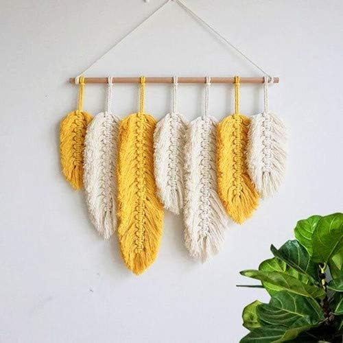 Handmade Macrame Wall Hanging Feather Boho Wall Decor Yellow Chic Woven Leaf Tassels Decoration Cotton Ornaments Tapestry Room Decor For Bedroom Living Room Apartment Porch Gifts for Teen Girl Women