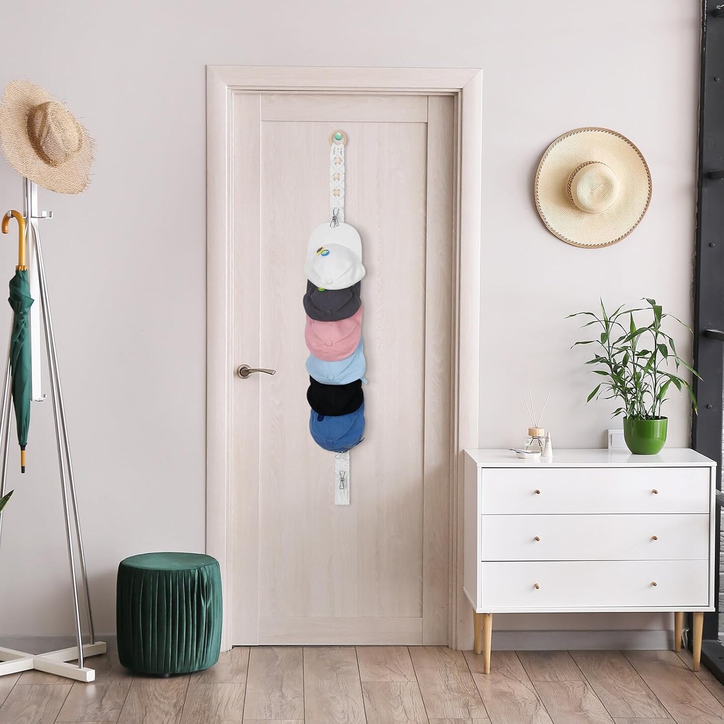 2 Pcs Boho Hat Rack for Baseball Caps, Holds up to 20 Hats, Macrame Color Hat Hangers Wall Mounted, Hanging Cap Holder over Door for Caps Decoration and Display