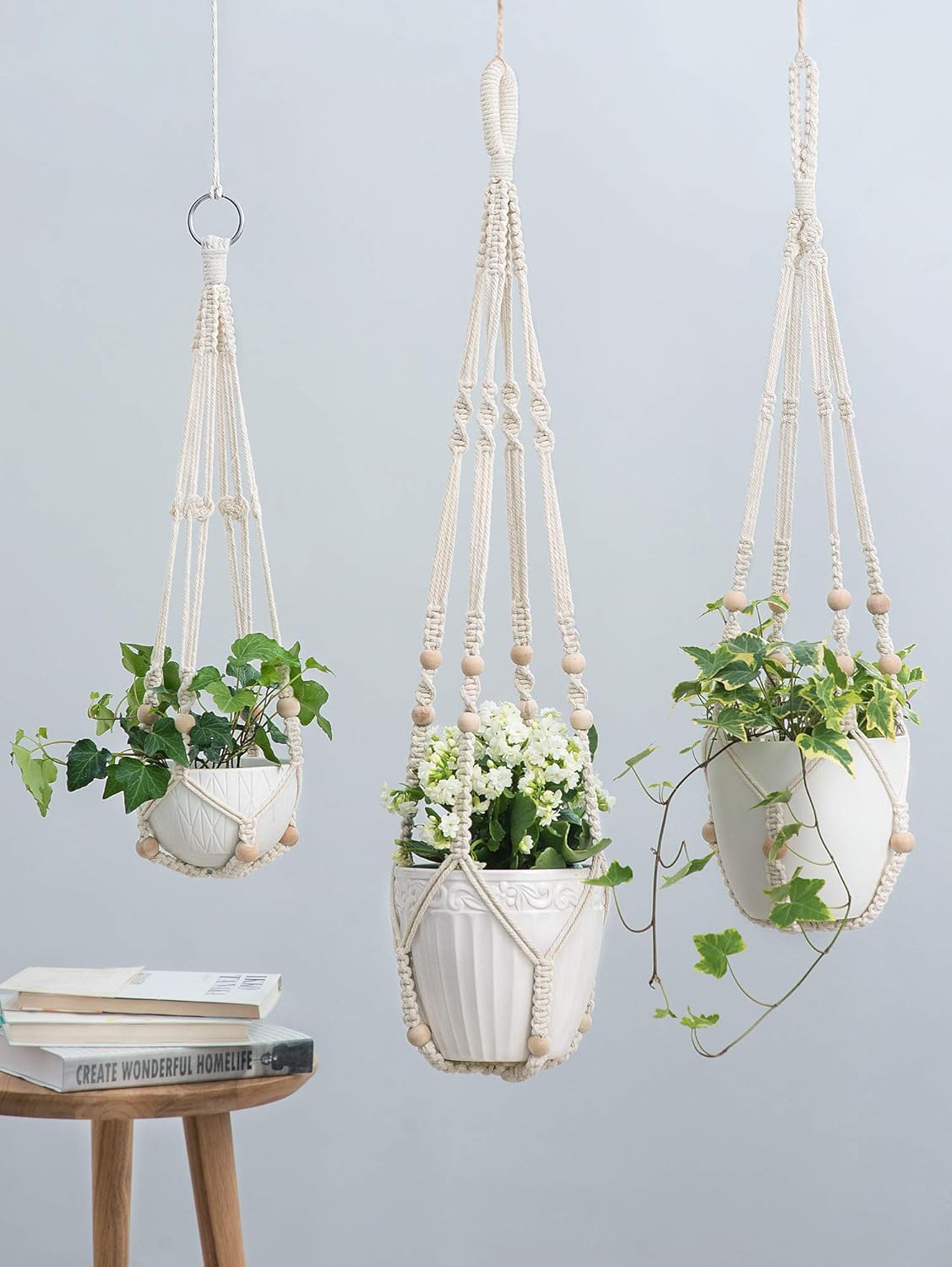 3-Pack Macramé Plant Hangers – Ivory Indoor Hanging Planter Holders with Beads, No-Tassel Design, Medium Size Set (35" / 29" / 23") for Flower Pots