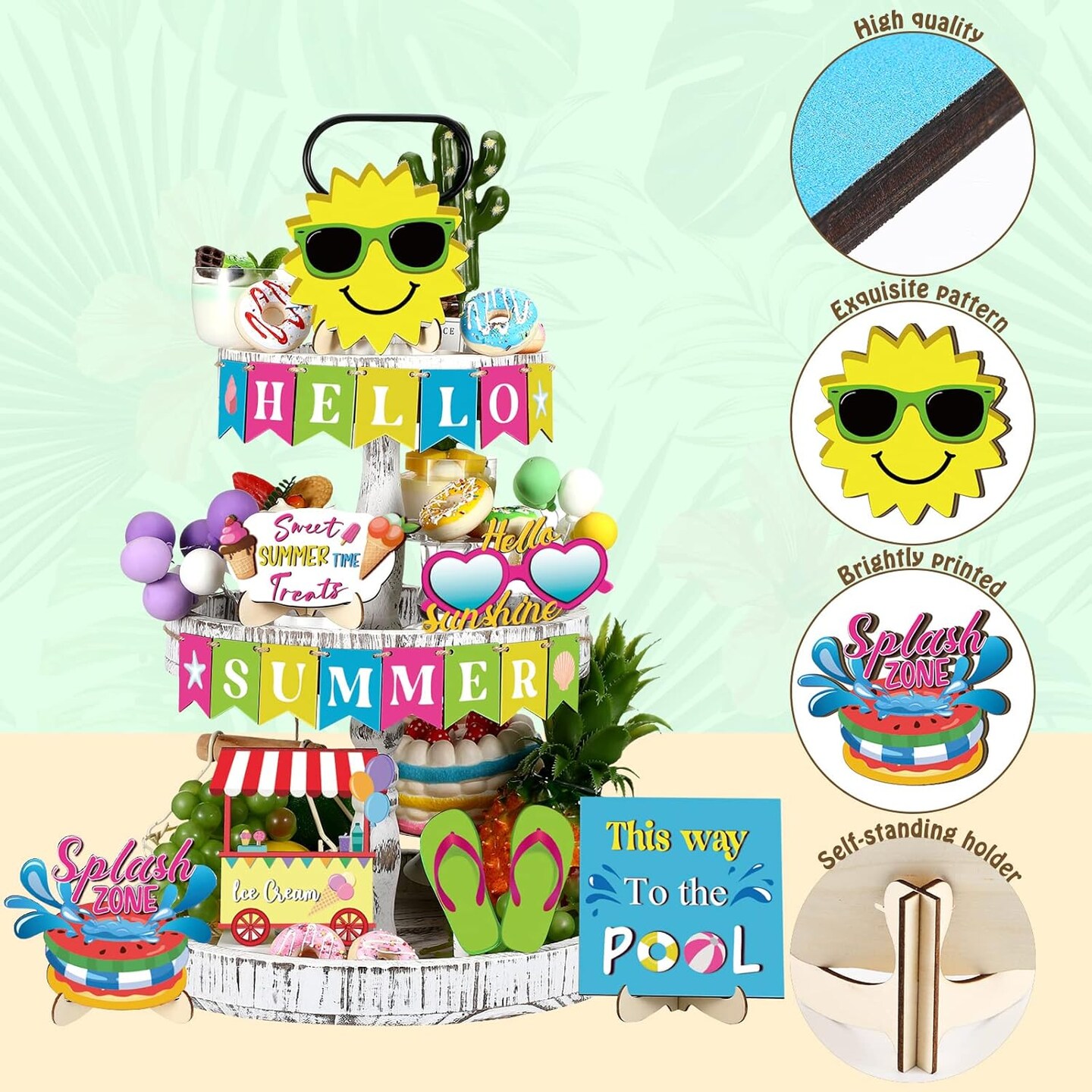 22 Pcs Summer Tiered Tray Decor Set Summer Home Decor Hello Summer Tiered Tray Decorations Hawaii Tier Tray Decor Mini Beach Wood Sign Summer Decorations for Home Table Kitchen Shelf Decor