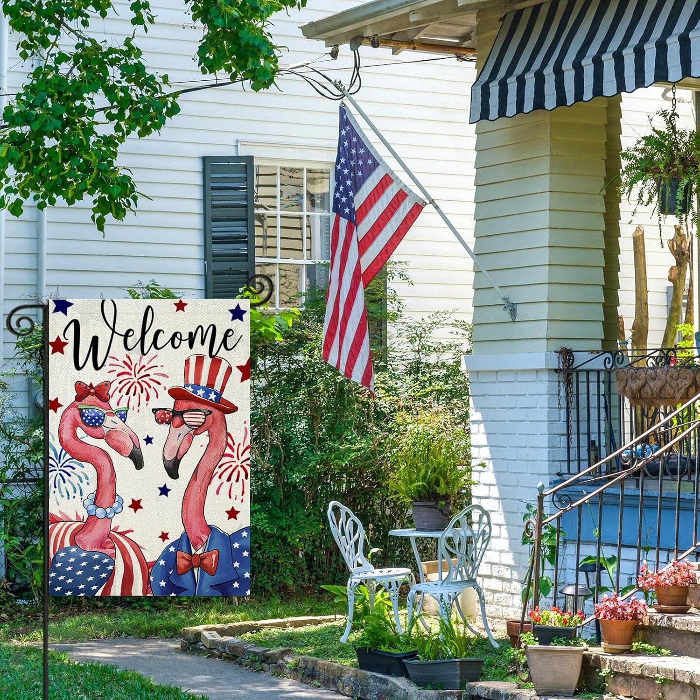 4th of July Garden Flags for Outside, Patriotic Flamingo Yard Decoration, Small Seasonal Outdoor Decor for Summer Independence Day, Memorial Day,Veteran&#x27;s Day Farmhouse Holiday,12x18 Inch Double Sided