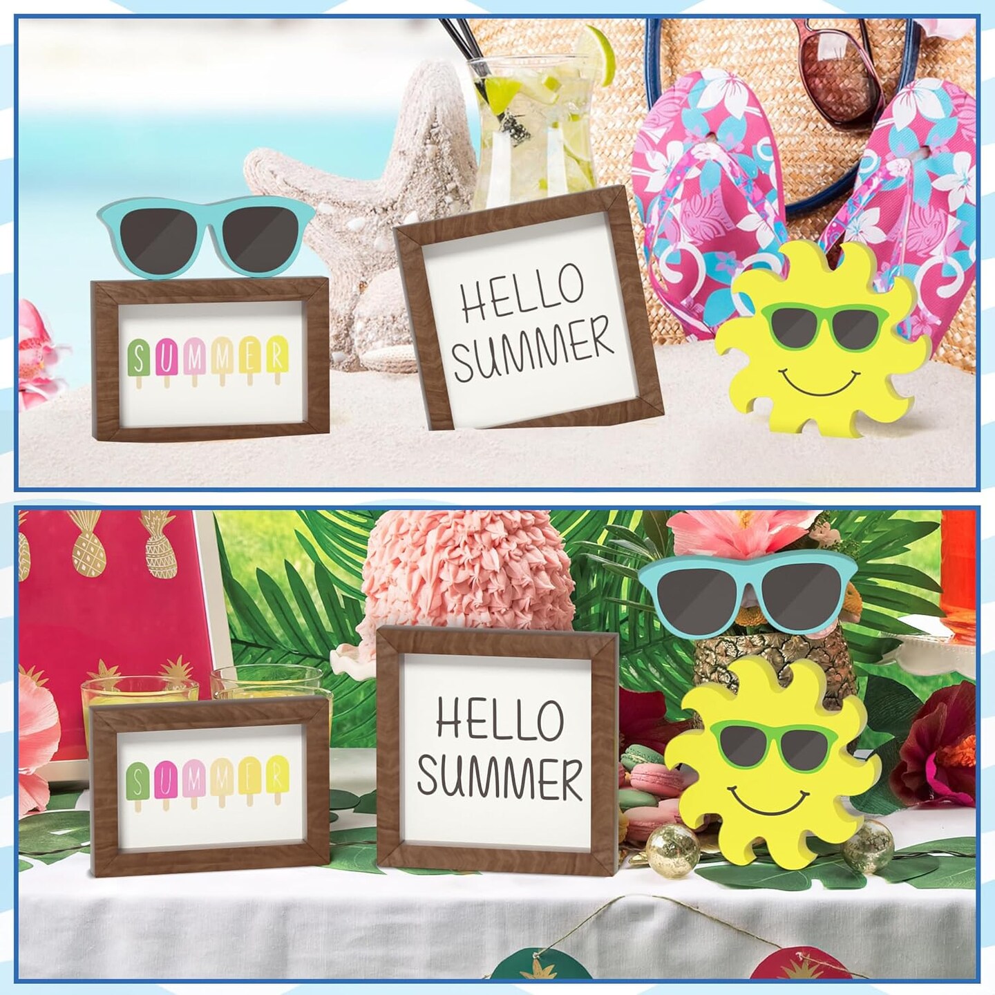 Summer Decorations Wooden Tiered Tray Decor, Hello Summer Sun Sunglasses Wooden Signs Table Decor