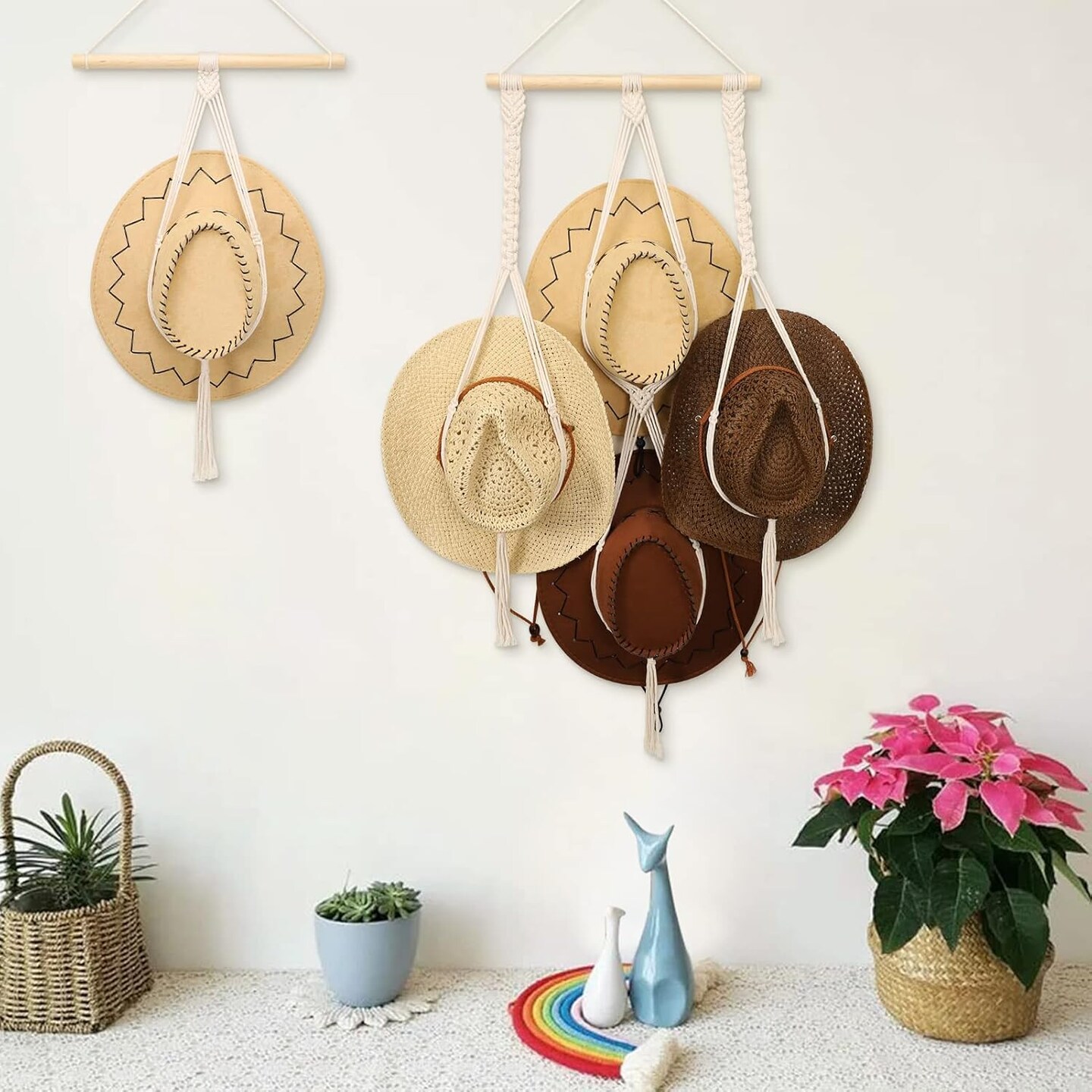 Macrame Hat Hangers Boho Hat Rack for Wall Hat Holder Display Organizer Bobo Hanging Hat Organizer Storage for Wide Brim Hats