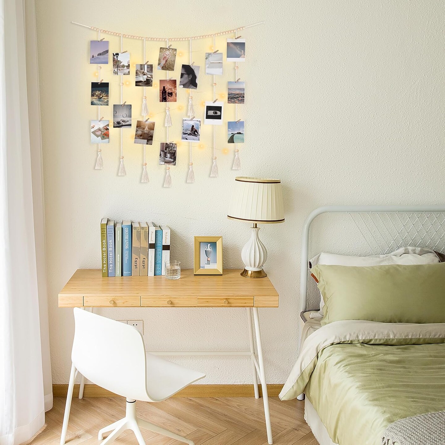 Macrame Hanging Photo Display Wall Decor with String Lights Boho Room Bedroom Wooden Beads Garland Picture Holder with 30 Clips