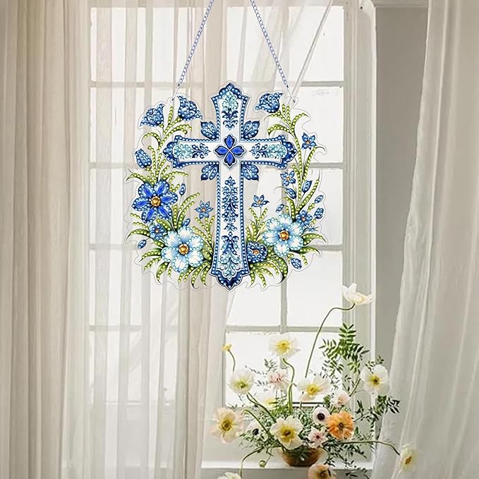 Hanging Diamonds Art kit for Adult,DIY Cross Flowers Pendant Diamonds Painting Art Kit, 7.0x6.8 inch Acrylic Diamonds Painting Board Kit Ornament, Special Crystal Diamond Hanging Ornament