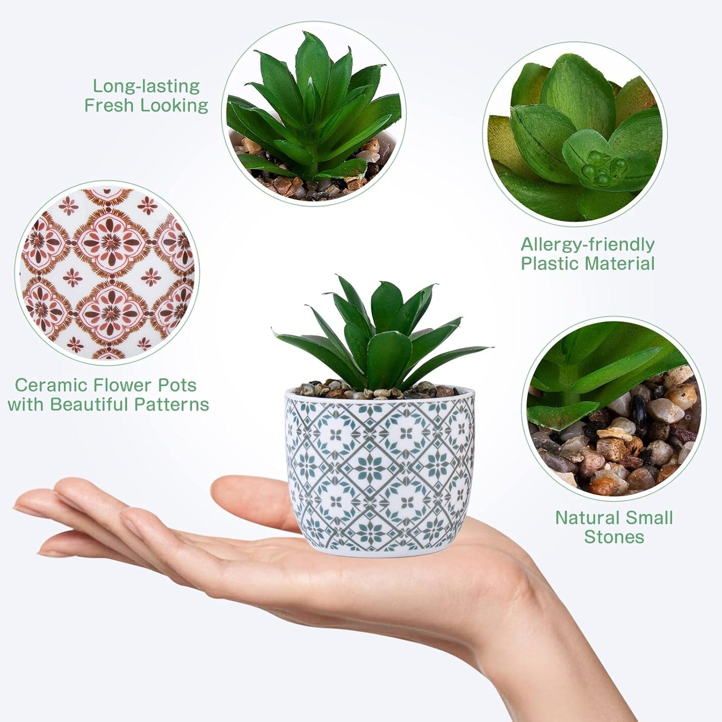 Set of 2 Artificial Succulent Plants in Ceramic Pots – Small Realistic Fake Potted Plants for Home, Office Desk, Bedroom, Living Room, Shelf & Farmhouse Decor