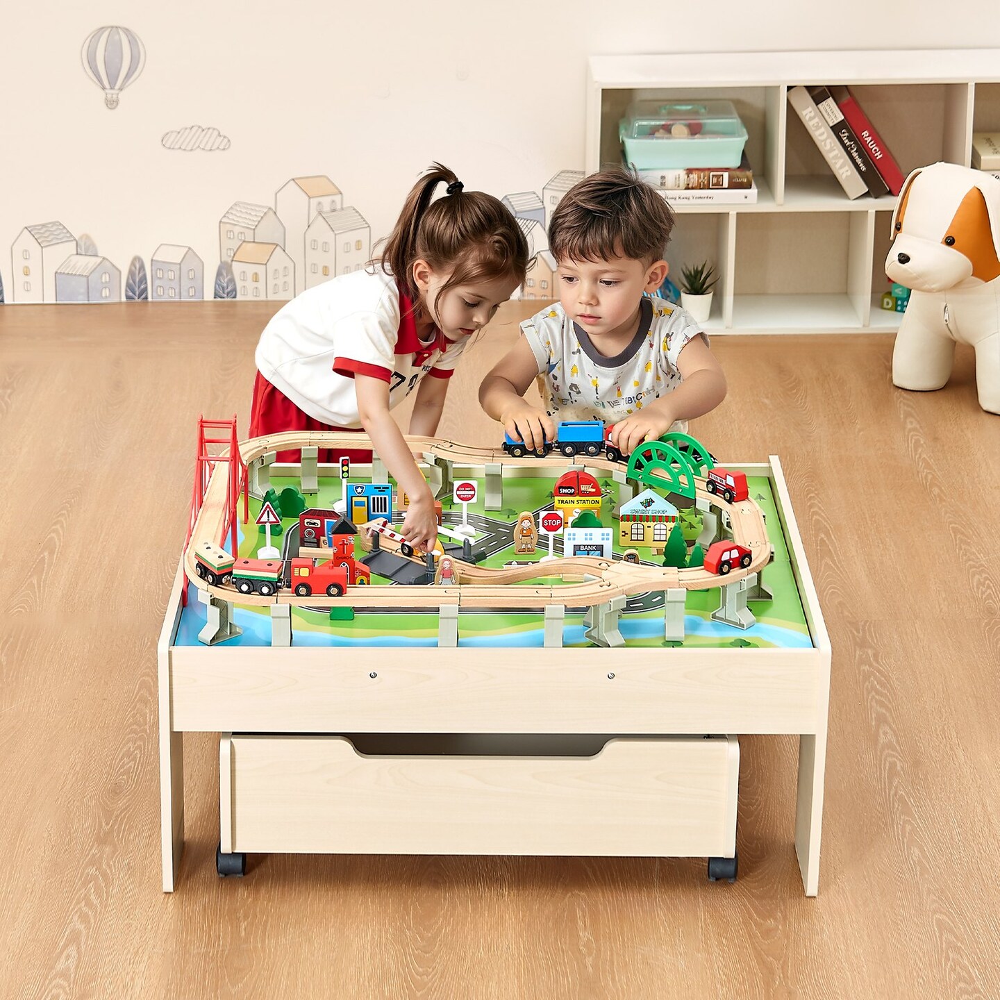 Kids Wooden Train Table with 100 Multicolor Pieces, Drawer Storage