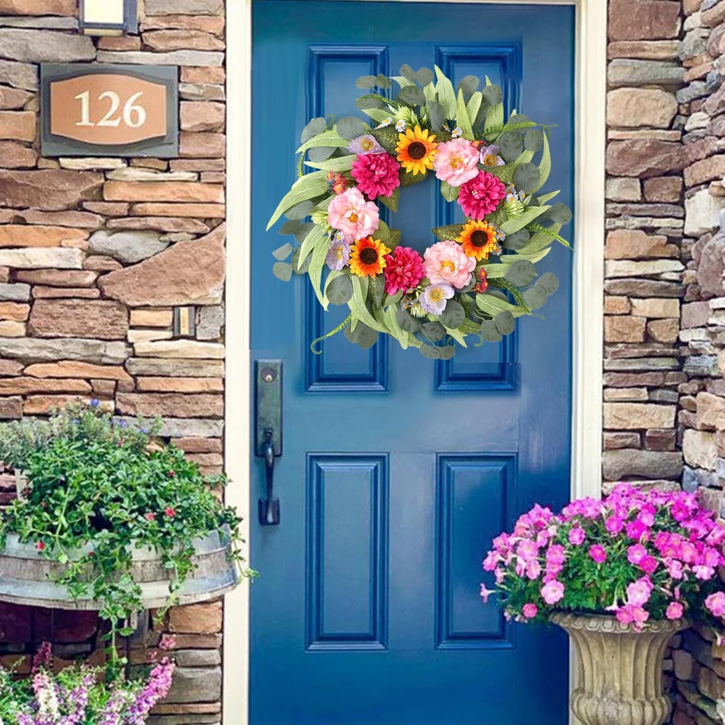 24-Inch Artificial Peony, Dahlia & Sunflower Spring Wreath – Front Door Floral Wreath with Poppy, Chamomile & Eucalyptus for Indoor/Outdoor Farmhouse Home Decor