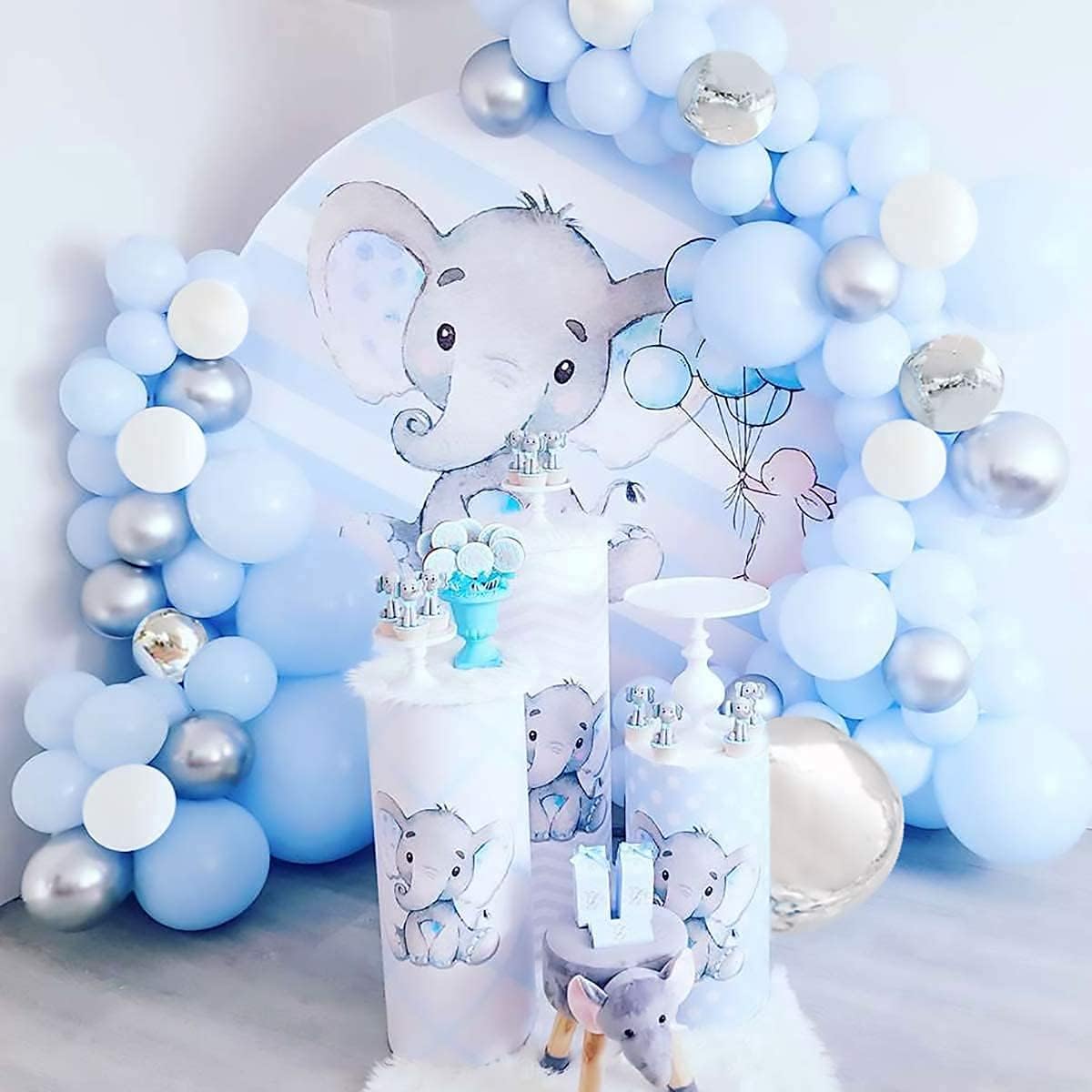 Baby Blue Balloon Garland Kit - 114pcs Macaron Blue Silver Balloon Arch with Matte Light Blue, Sky Blue and White Balloon, for Boy Birthday Wedding Elephant Baby Shower Party Decorations
