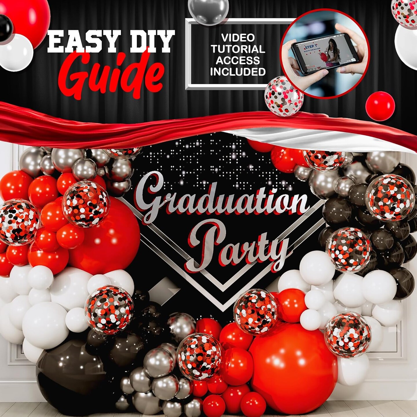 ALL-IN-1 Red Black and White Balloon Arch Kit for Red and Black Birthday Party Decorations &#x2013; Red and Black Balloons for White Black and Red Balloon Garland Kit &#x2013; Graduation Black and Red Balloons