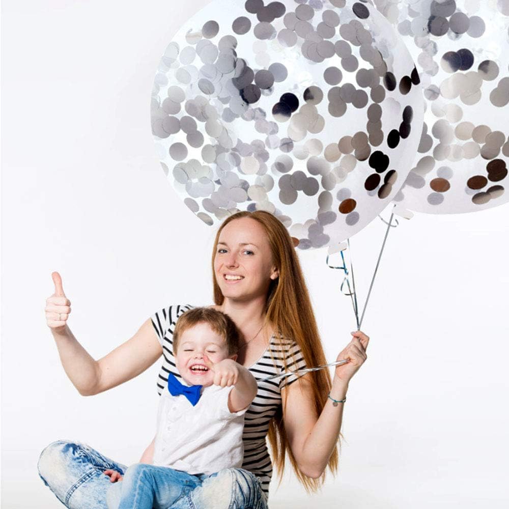 36 Inch Giant Confetti Balloons, Silver Latex Confetti Round Balloons for Birthdays Weddings Receptions Festival Party Decoration, Pack of 5