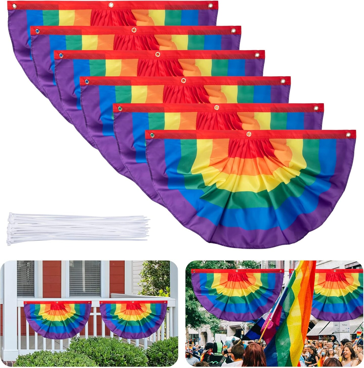 6PCS Rainbow Pride Bunting Flag, 3 x1.5 Ft Rainbow Pleated Fan Flag Banner Rainbow Polyester Flag for Rainbow Pride, Gay Pride, LGBTQ, Parades, Celebration Decor, Include Hanging Rope