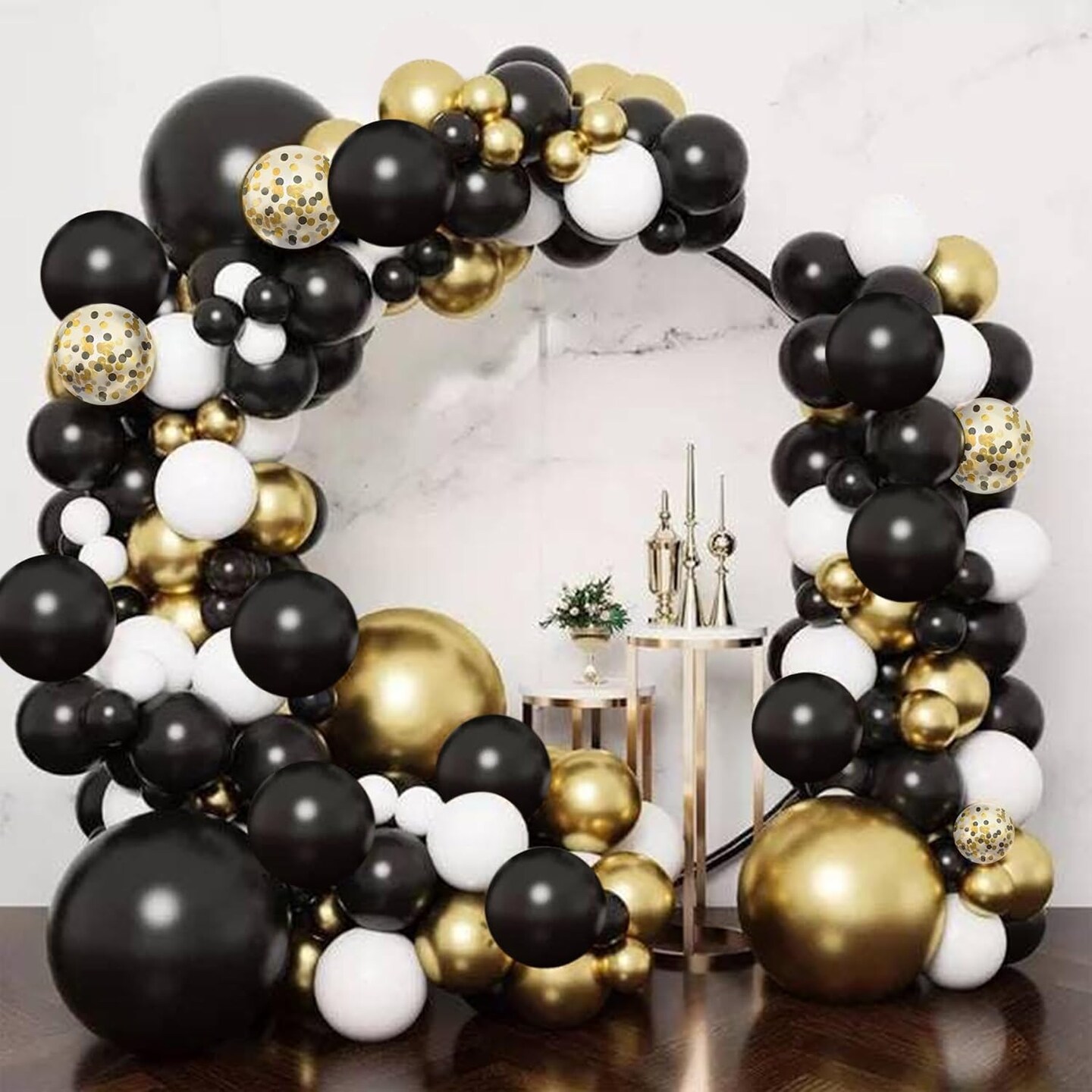0pcs 12 Inches Black Gold Confetti Balloons Kit, Metallic Gold and Black White Party Balloons with Ribbons for Birthday, Baby Shower, Graduation, New Year Decorations