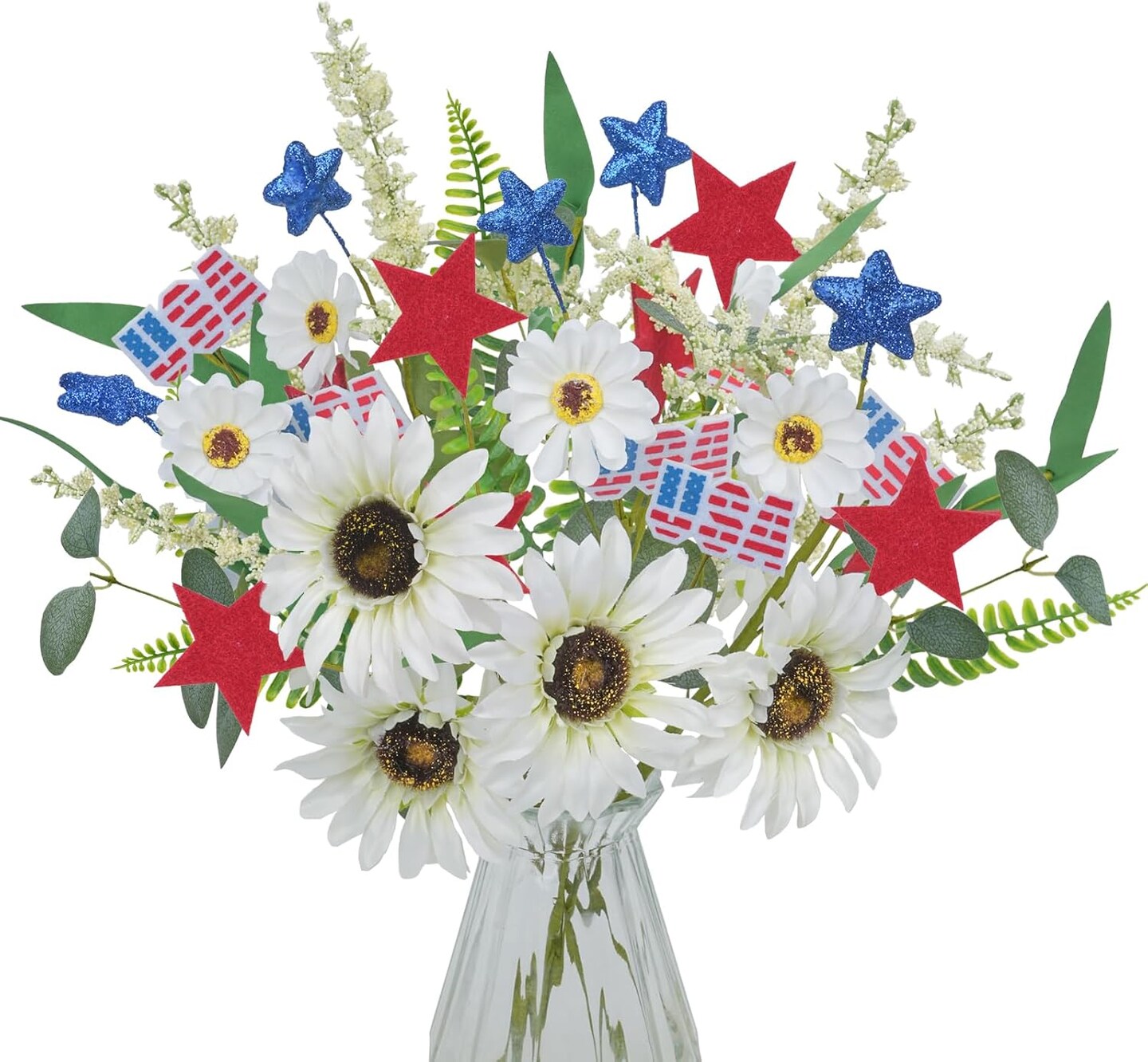 6pcs Silk Wildflower Picks for 4th of July Decorations Artificial Daisy Flowers with Blue &#x26; Red Stars Patriotic Decorations
