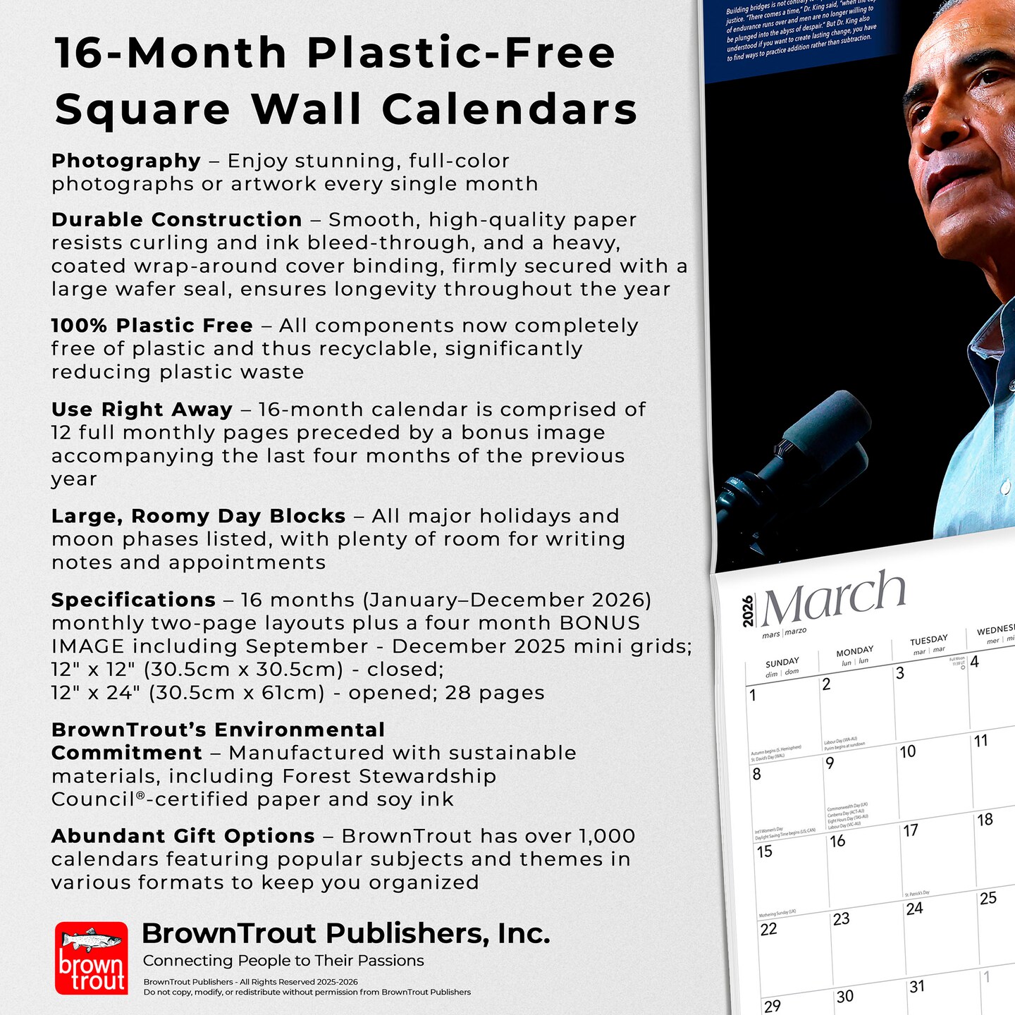 President Barack Obama | 2026 12 x 24 Inch (Hanging) Monthly Square Wall Calendar | Plastic-Free