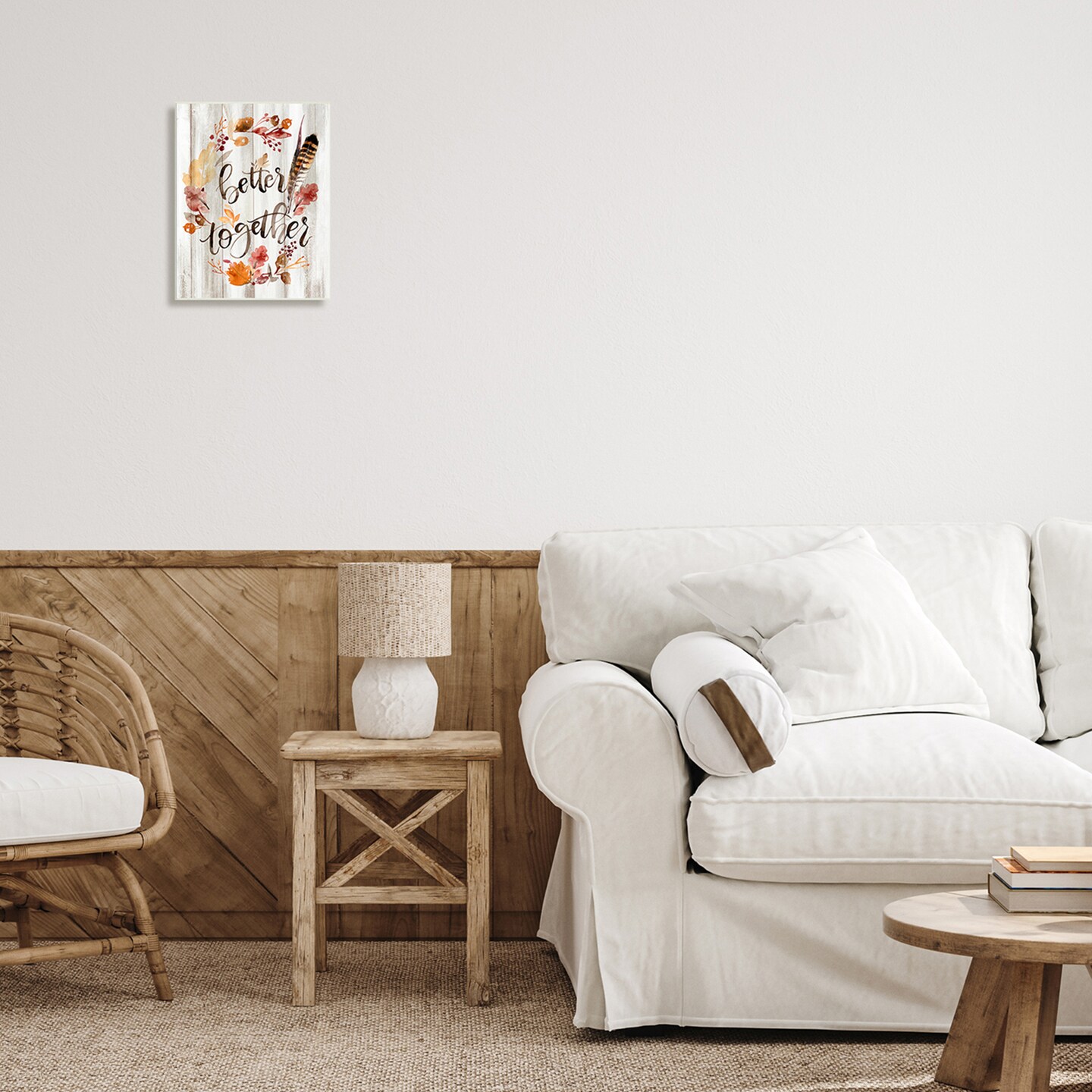 Better Together Rustic Boho Calligraphy Feather Plants Wall Plaque Art