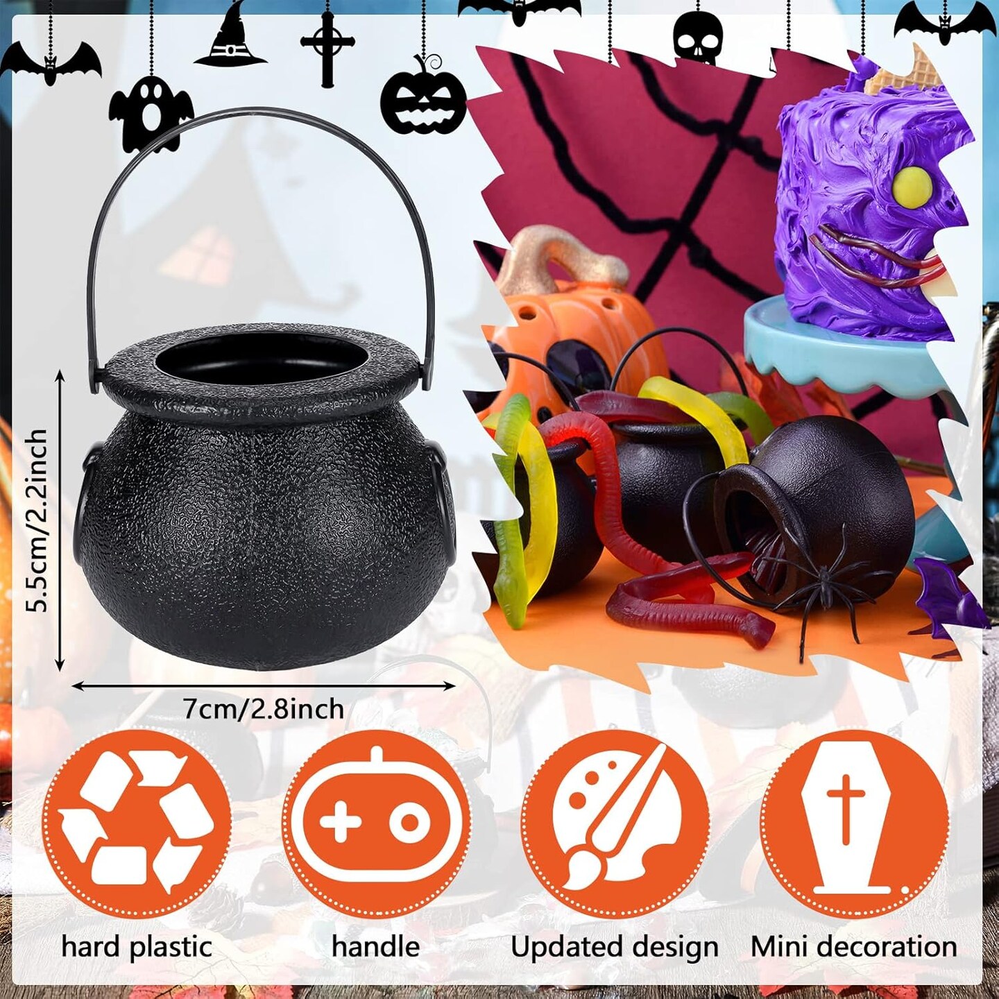 12 Pcs Halloween Decorations - Mini Witch Hats, Candy Cauldron, and Mini Broom