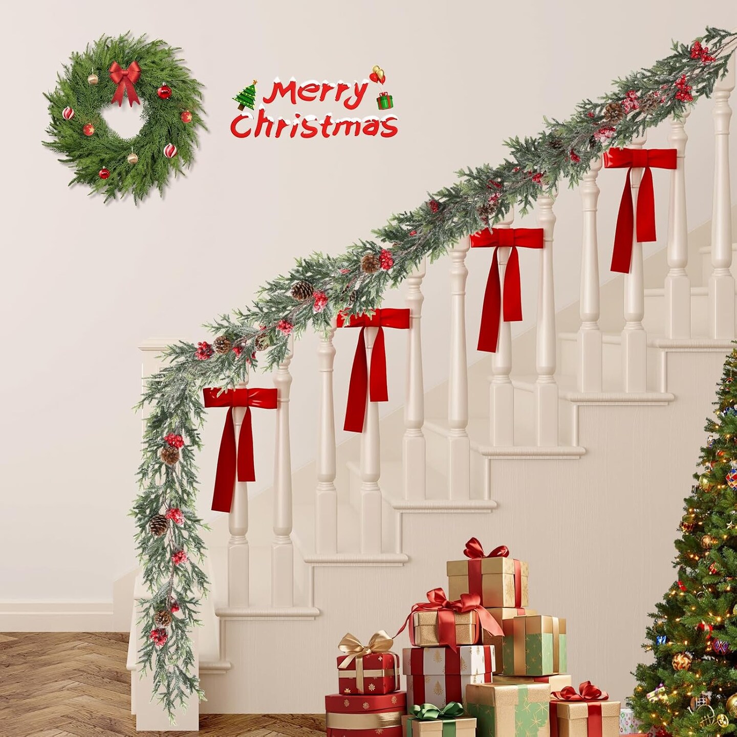 6FT Christmas Garland with Lights, Christmas Decor Pre-lit Artificial Pine Garland