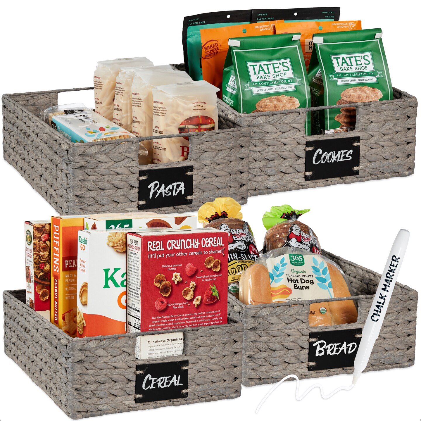 Best Choice Products Set of 4 16x12in Woven Water Hyacinth Pantry Baskets w/ Chalkboard Label, Chalk Marker