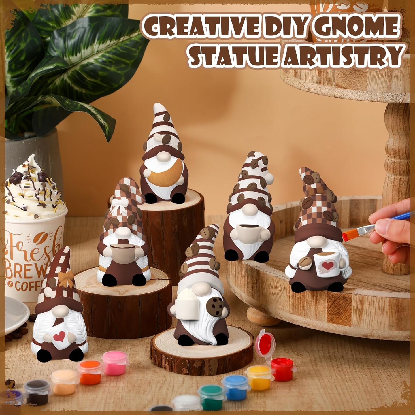 6 Sets Ready to Paint Your Own Coffee Gnome Statue, 4&#x22; Mini Paintable Ceramics Blank Coffee Gnome Figurine