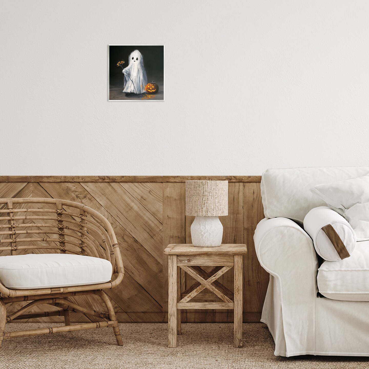 Vintage Halloween Ghost &#x26; Pumpkin Wall Plaque Art