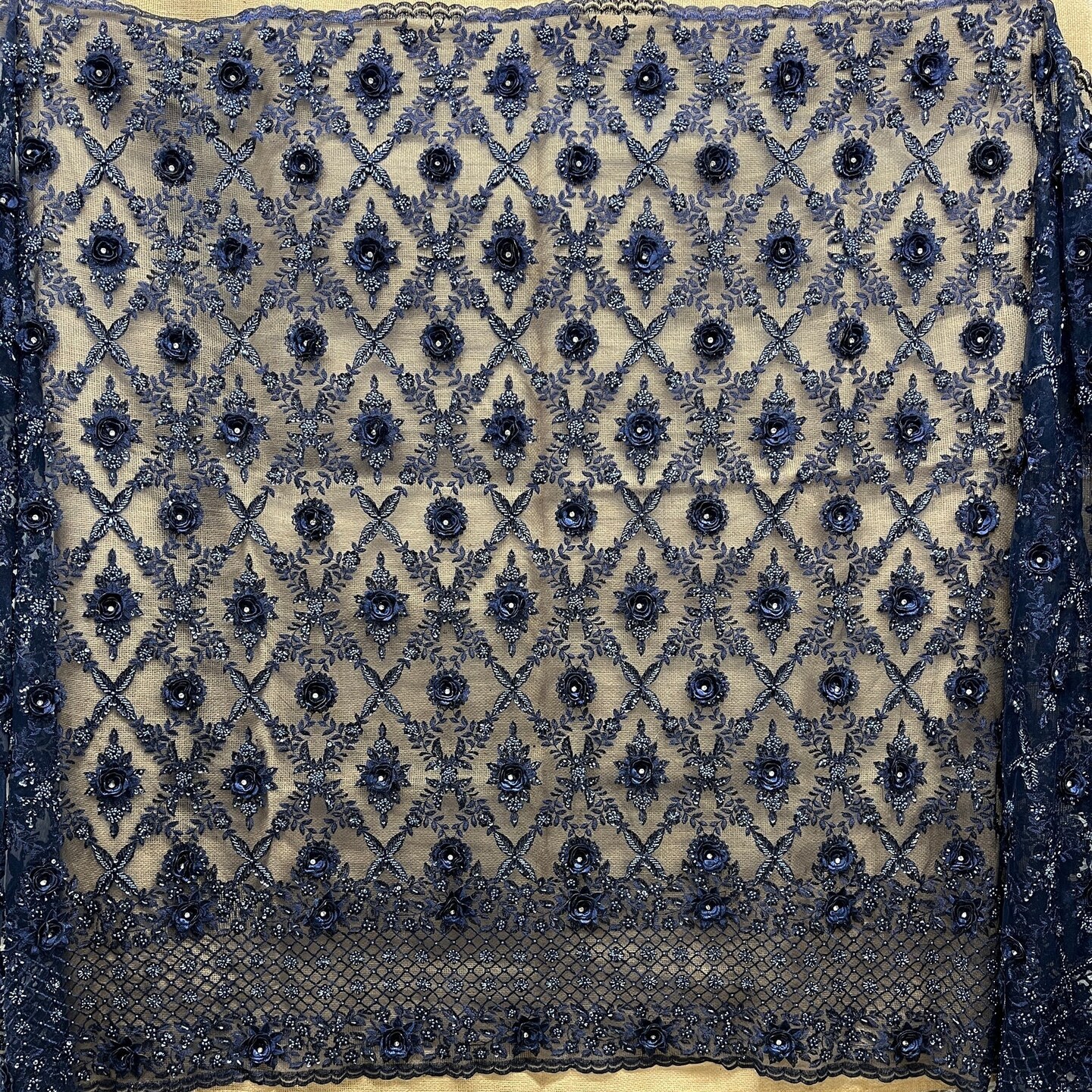 1 Yard Beaded 3D Floral Lace Fabric, Navy Embroidered Mesh, 100% Polyester, 51” Wide