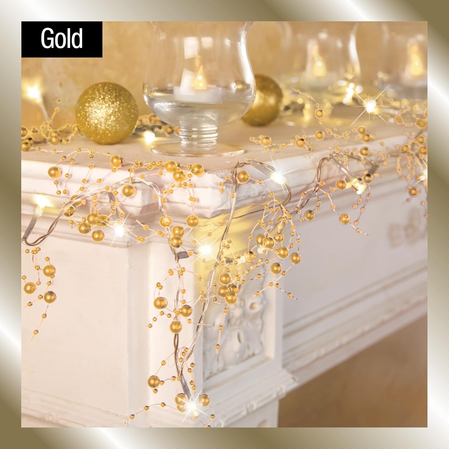 Indoor Christmas Decorations, Festive Lighted Berry Beaded Garland Gold- 120&#x22; L
