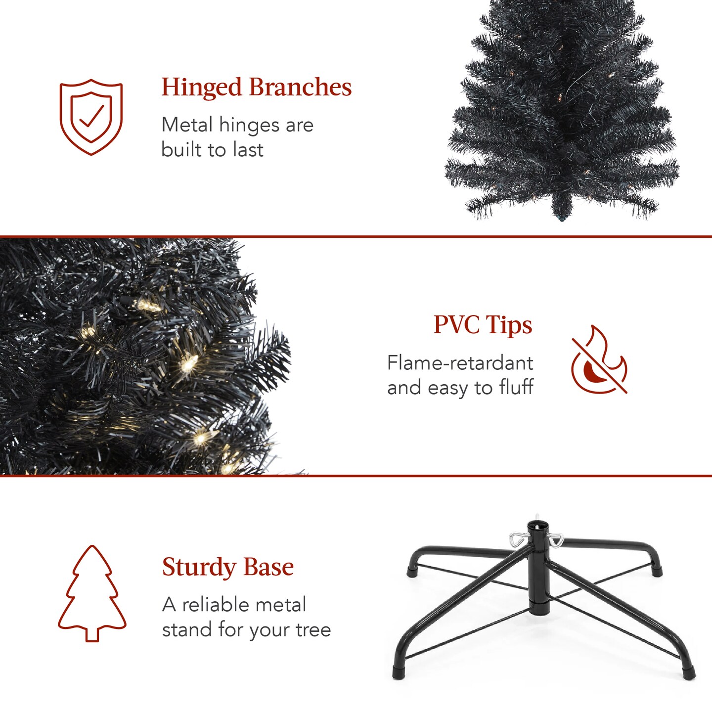 Best Choice Products Pre-Lit Black Artificial Christmas Tree, Holiday Pencil Tree w/ Metal Base