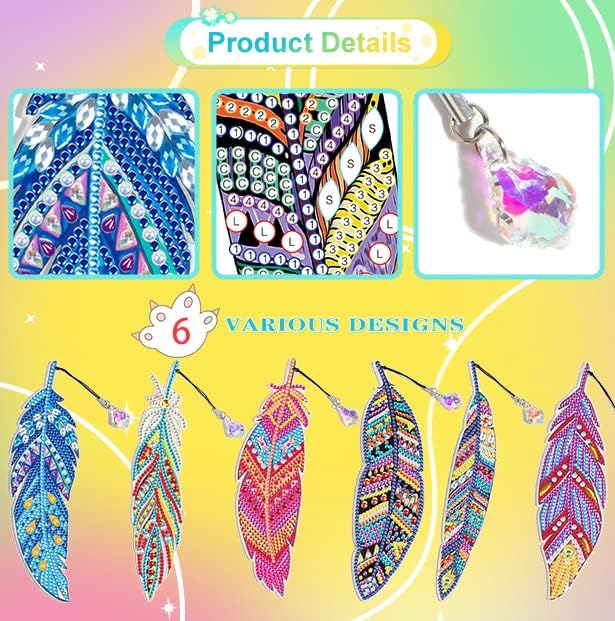 6 Pack DIY Diamond Painting Bookmarks – Feather Acrylic Resin Rhinestone Bookmarks with Tassels for Readers & Craft Lovers