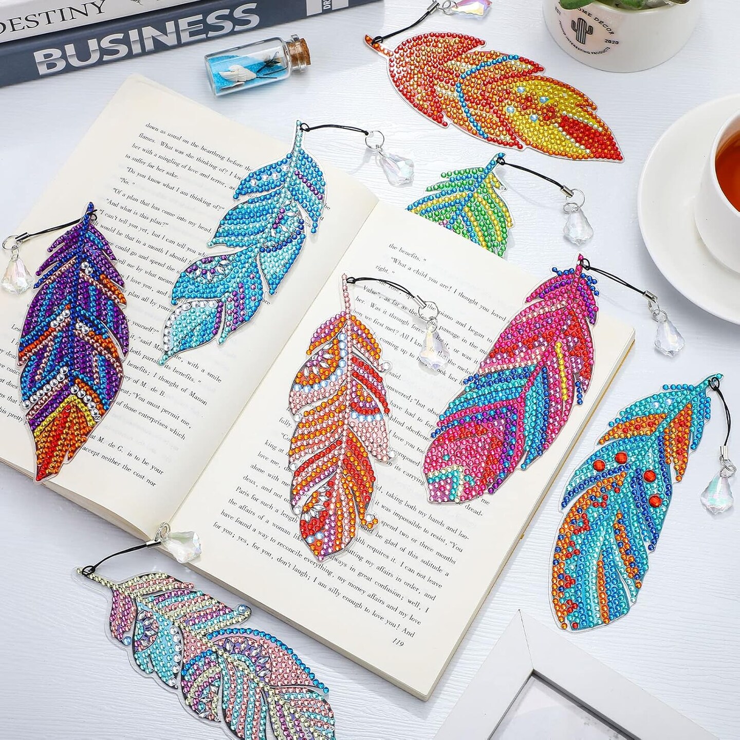 8PCS 5D Diamond Painting Bookmarks – DIY Crystal Feather Diamond Art Kits for Adults, Book Lovers, Graduation & Birthday Gifts