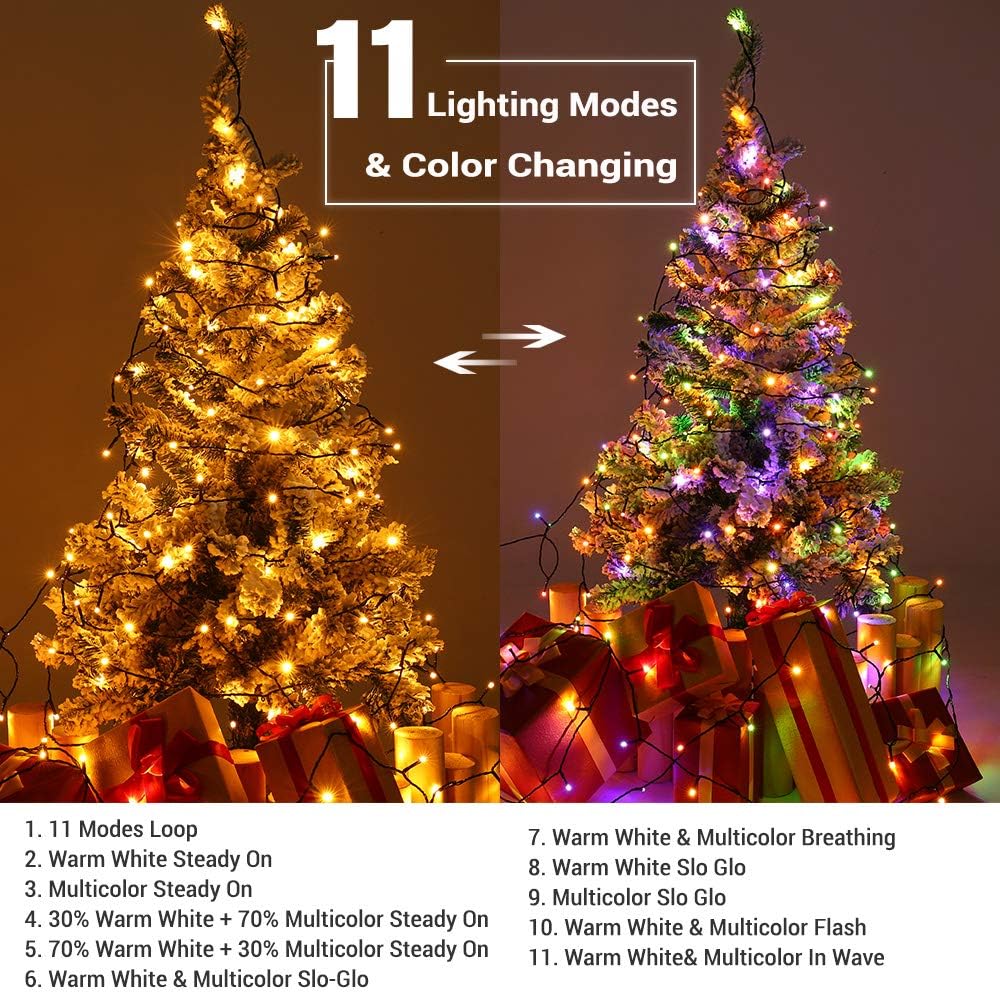 65.7ft 200 LED Color-Changing Christmas Lights – Warm White & Multicolor, 11 Modes with Remote, Connectable String Lights with Safe 29V Adapter for Xmas Tree, Party, Wedding, and Patio (Warm White & Multicolor)