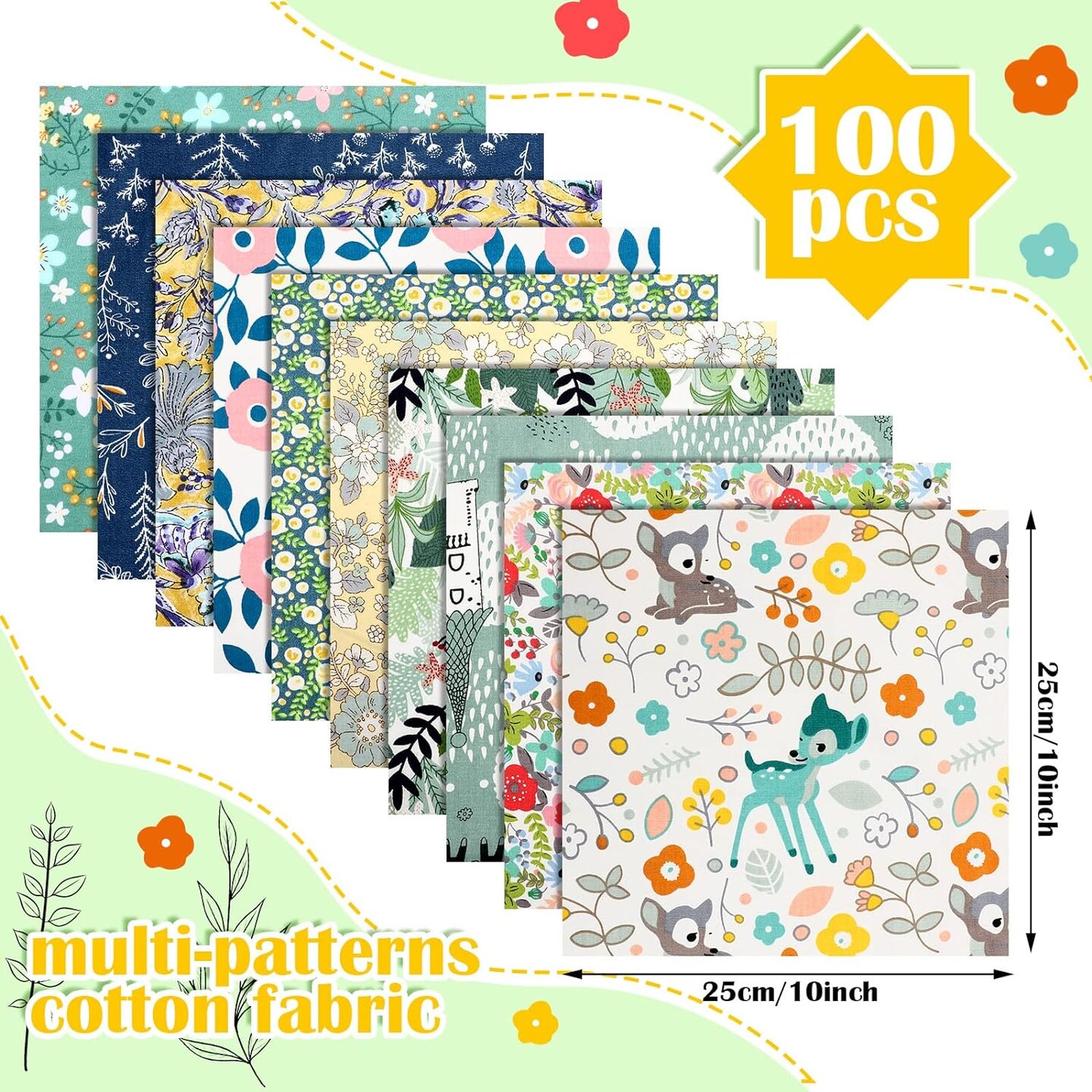 100 Pcs 10 x 10 Inches Cotton Precut Fabric Squares Bulk Floral