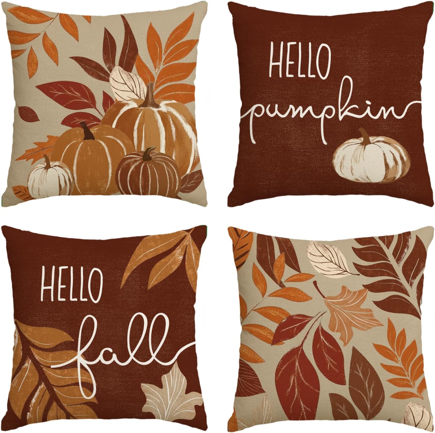 Hello Fall Pumpkin Leaves Pillow Covers